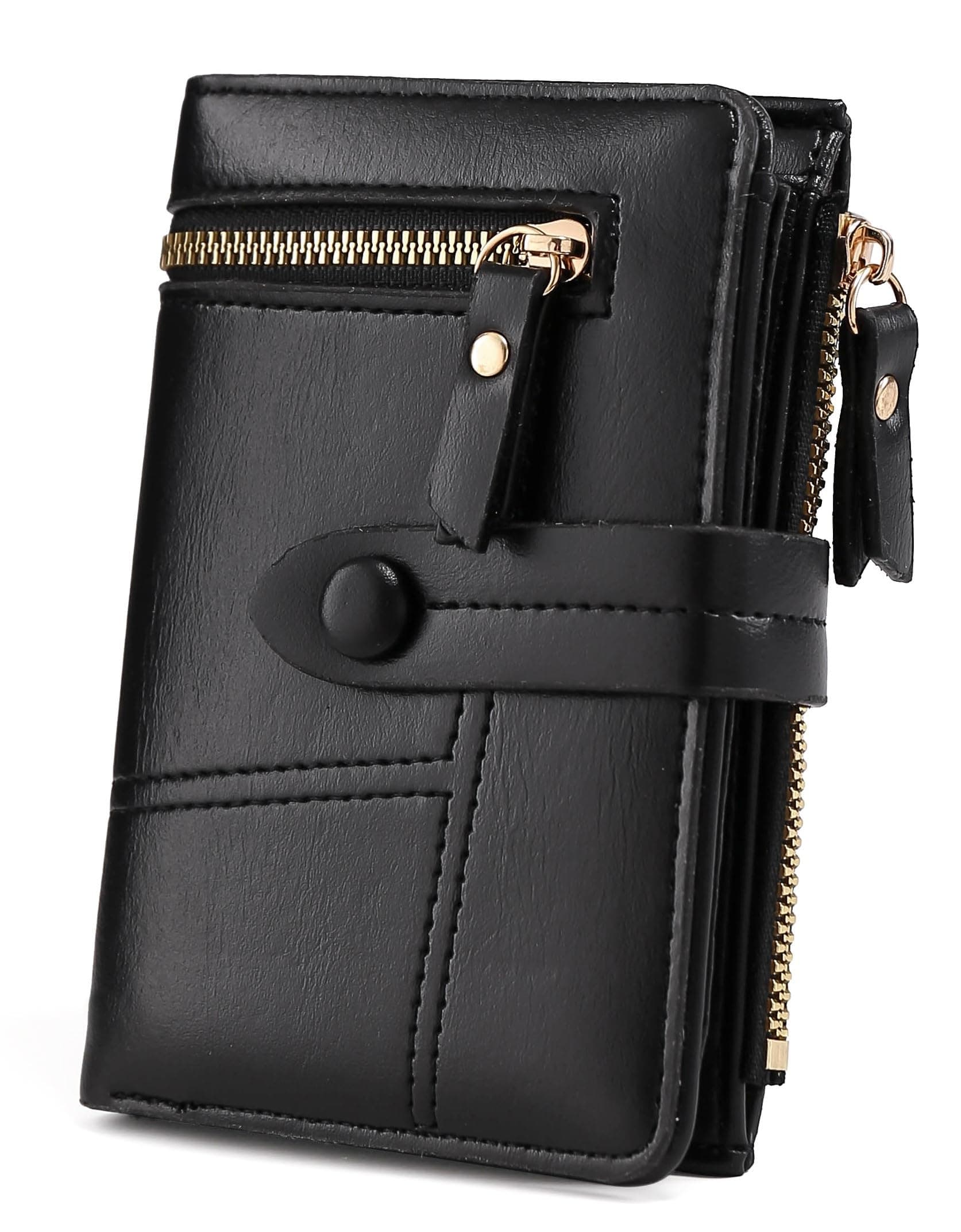 Elios Women's Wallet Vegan Leather Bifold Small Card Holder Coin Holder Compact Ladies Purse with 12 Card Slots, Zipper Pocket and RFID Blocking | Snap Closure | Mini Purse for Women (Black)