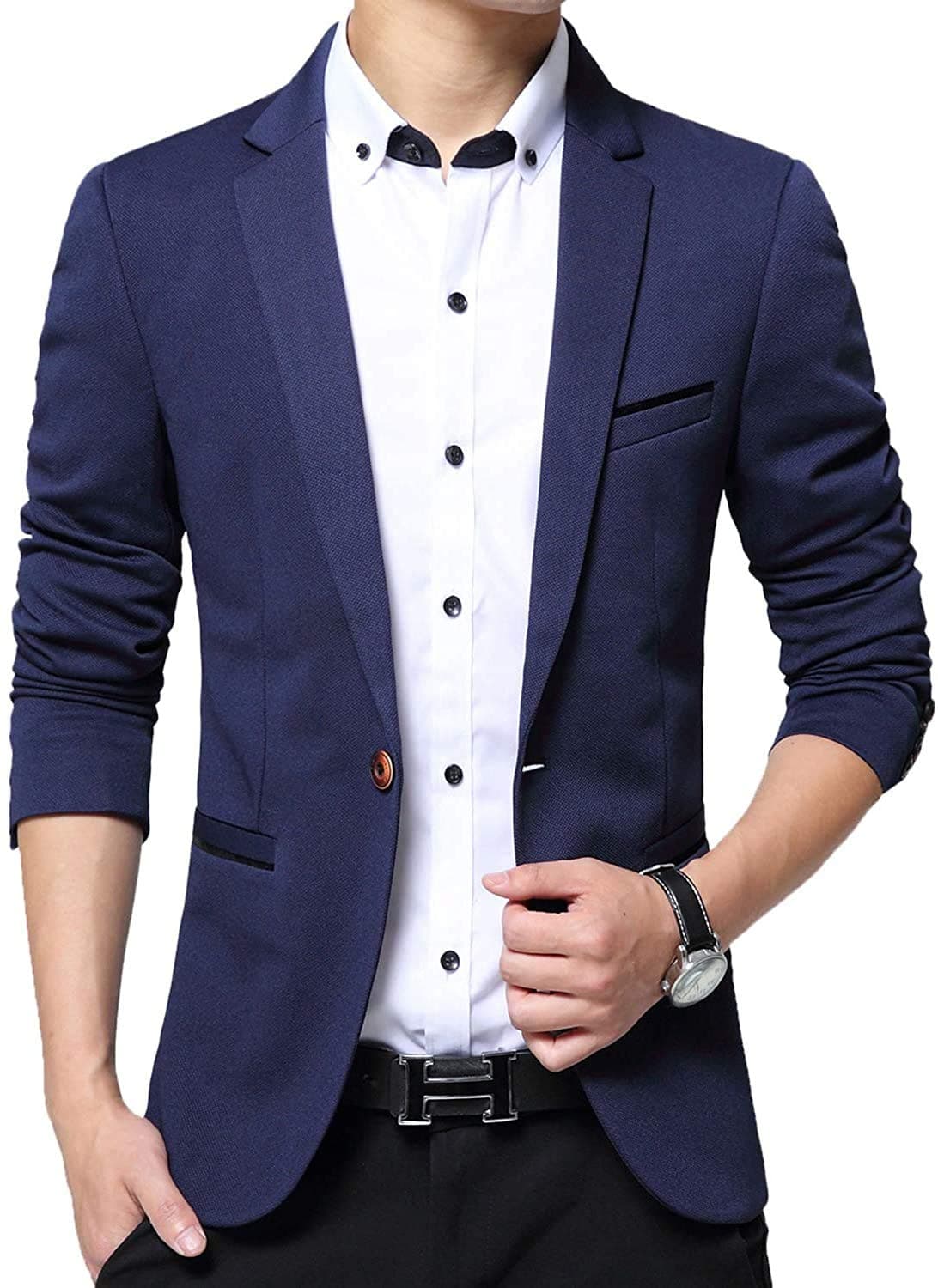 Men's Slim Fit Casual One Button Formal Suit Blazer Coat Jacket (Navy,US Medium/Label XXX-Large)