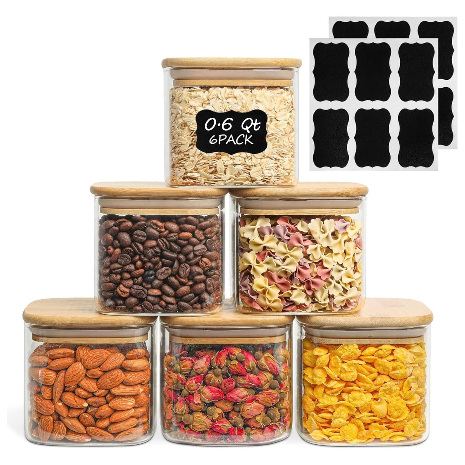 ComSaf 0.6 Qt Glass Food Storage Jars Set of 6, Clear Storage Containers with Airtight Lids, Pantry Organization Jar, Spice Jar, Blooming Tea, Coffee and Sugar Container, Canister Set for Kitchen