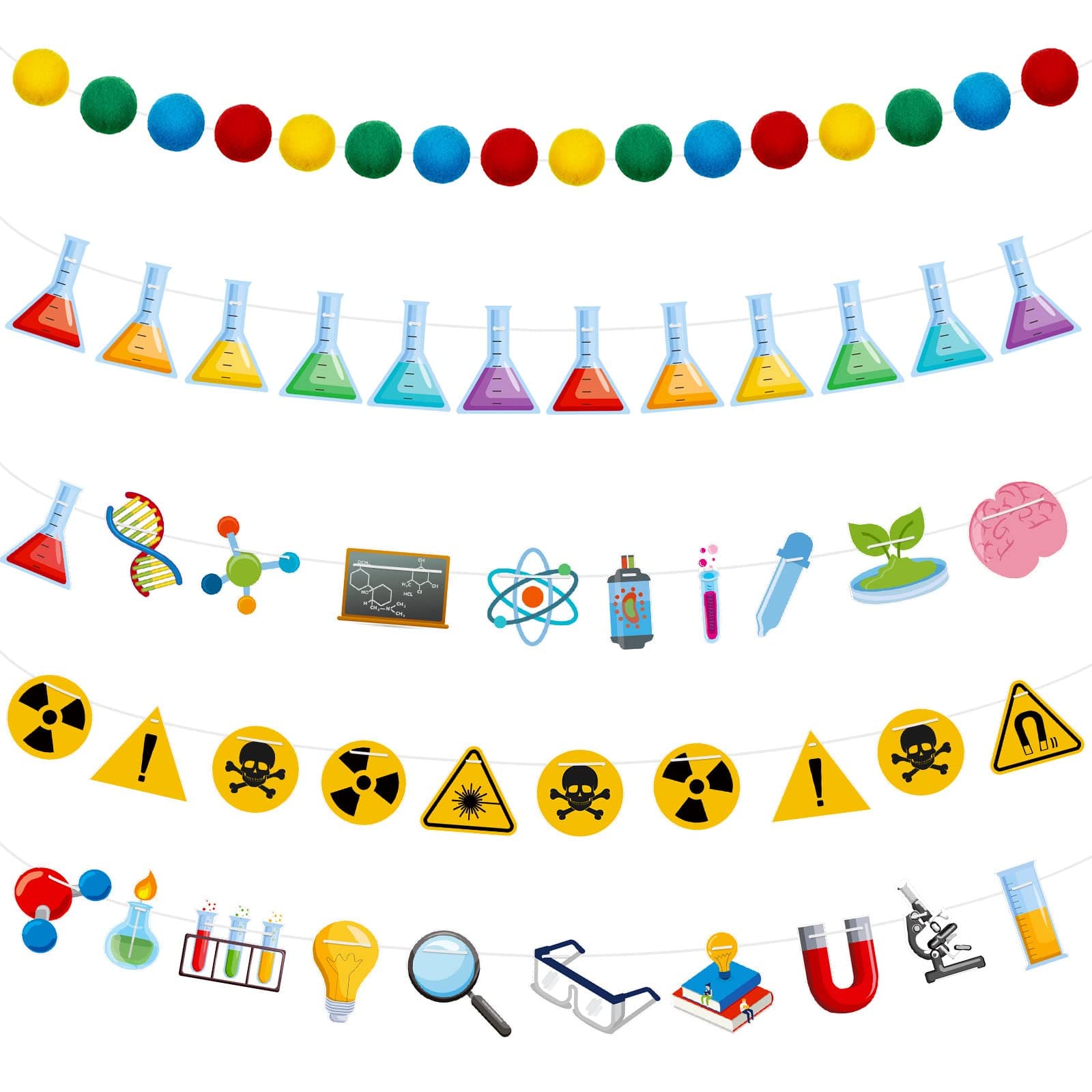 Wettarn 5 Pieces Science Decorations Banner Science Party Hanging Garland Chemistry Laboratory Birthday Party Supplies Scientist Lab Theme Birthday Banners for School Classroom(Classic)