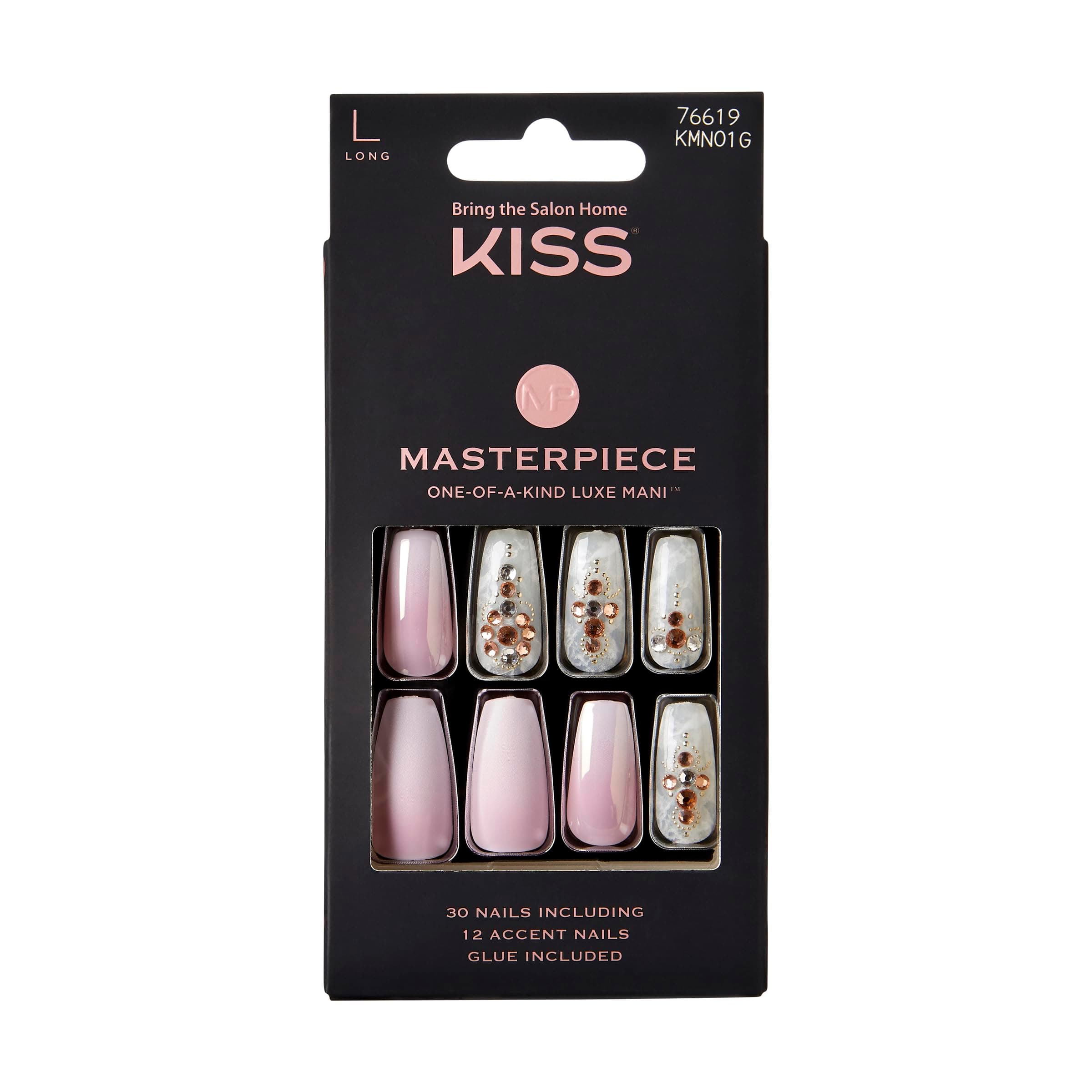 KISSMasterpiece One-Of-A-Kind Luxe Manicure, Kitty Gurl, Long Length Coffin Fake Nails, Includes Nail Glue, File, and 30 Nails with 12 Accent Nails