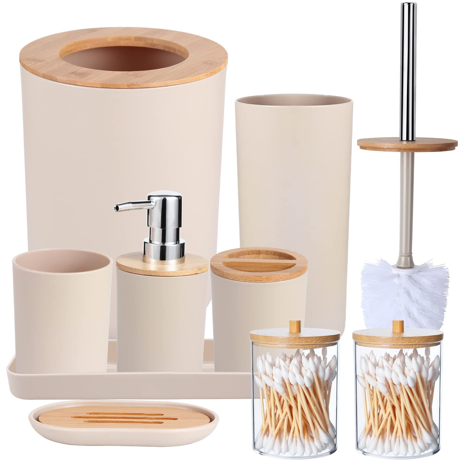 SLDIYWOW Bathroom Accessories, Beige Bathroom Accessories Sets Complete with Trash Can,Tray,Soap Dispenser,Toothbrush Holder,Toothbrush Cup,Soap Dish,Toilet Brush and Q-tip Holders for Bathroom