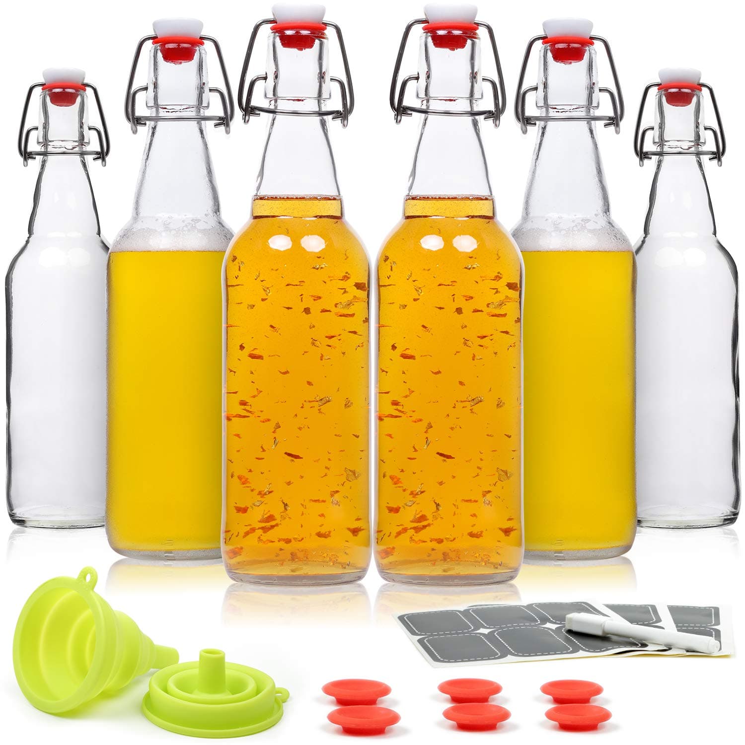 WILLDAN Set of 6-16oz Swing Top Glass Bottles - Flip Top Brewing Bottles For Kombucha, Kefir, Vanilla Extract, Beer - Airtight Caps and Leak Proof Lids, Bonus Gaskets and Funnel