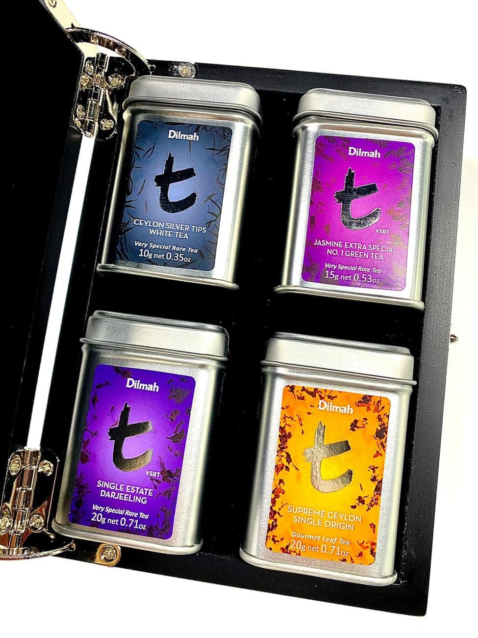 Dilmah T SERIES GIFT BOX 4 MINI TIN CADDY (SILVER TIPS, JASMINE EXTRA SPECIAL, DARJEELING, SUPREME CEYLON SINGLE ESTATE (LOOSE)) WOODEN