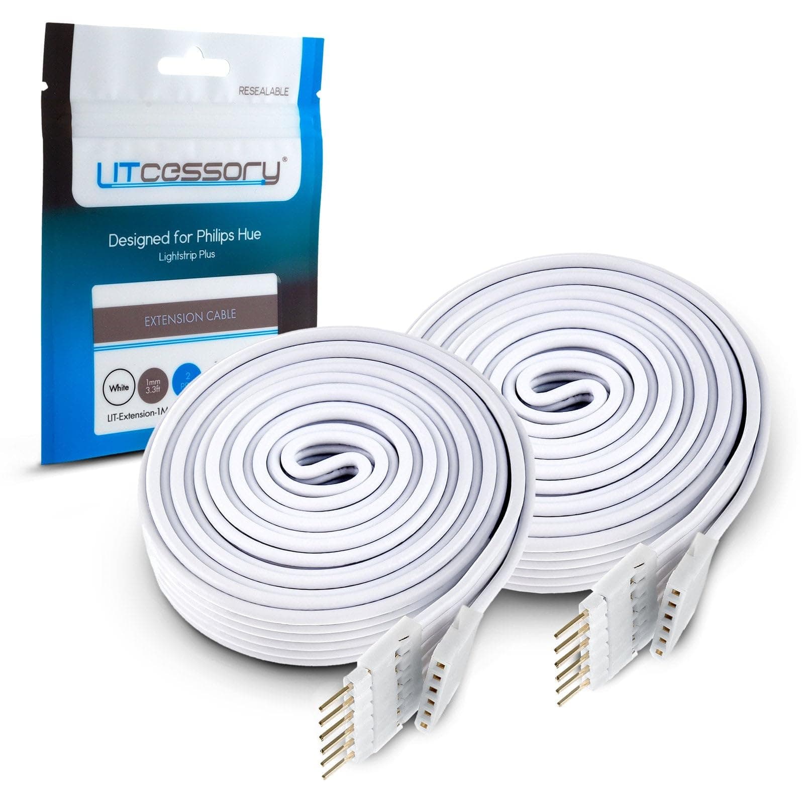 Litcessory Extension Cable for Philips Hue/WiZ Lightstrip (3.3ft, 2 Pack, White - STANDARD 6-PIN V3 / WiZ Lightstrip)