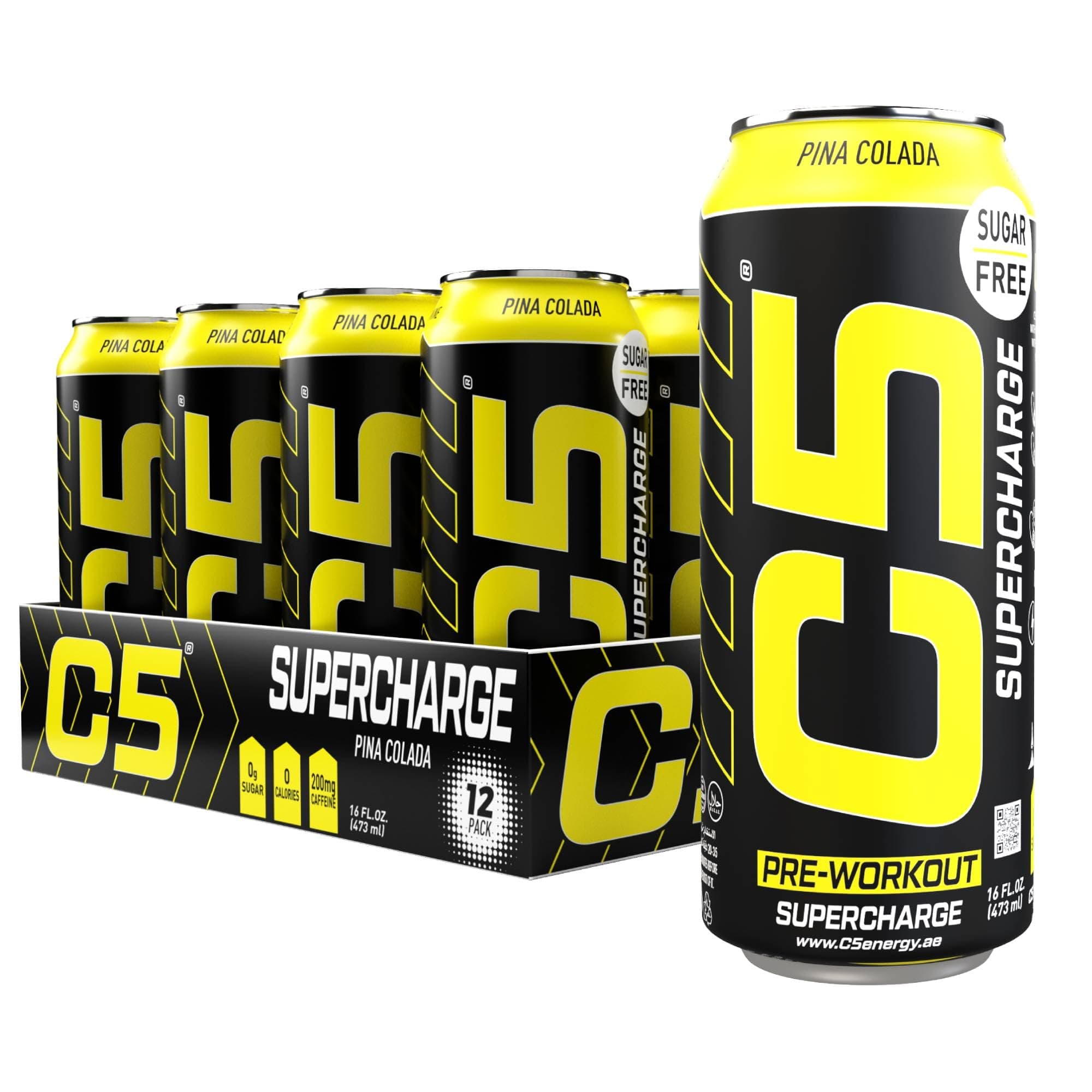 C5 Energy Drink Supercharge Pina Colada Pre-Workout, 200mg Caffeine, Sugar Free, Zero Calories, with Beta Alanine, L-Arginine, 473ml (16fl.oz)