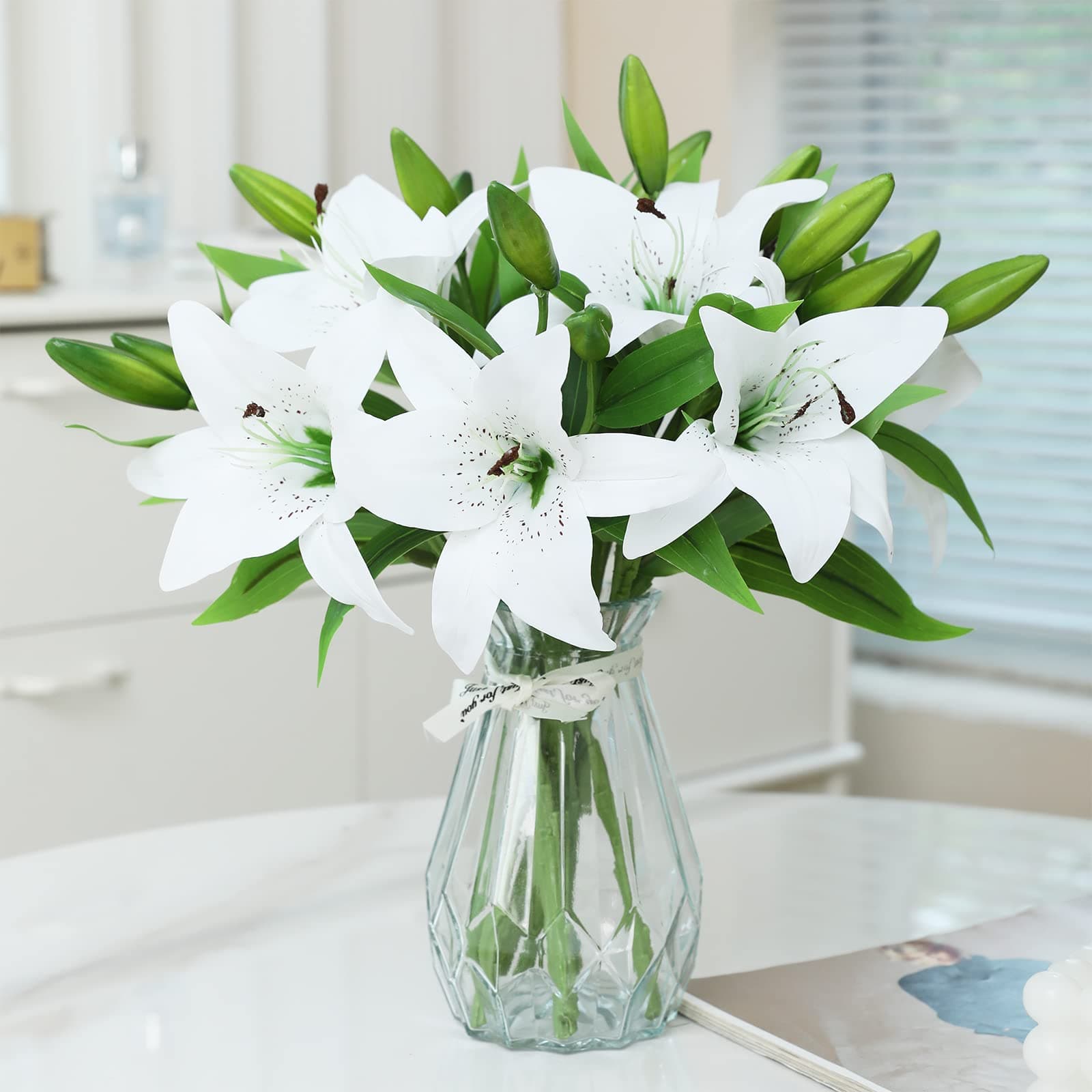 Hananona 8 Pcs Artificial Tiger Lily Real Touch Easter Fake Spring Flowers For Wedding Home Party Decoration Plastic Faux (White, 8)