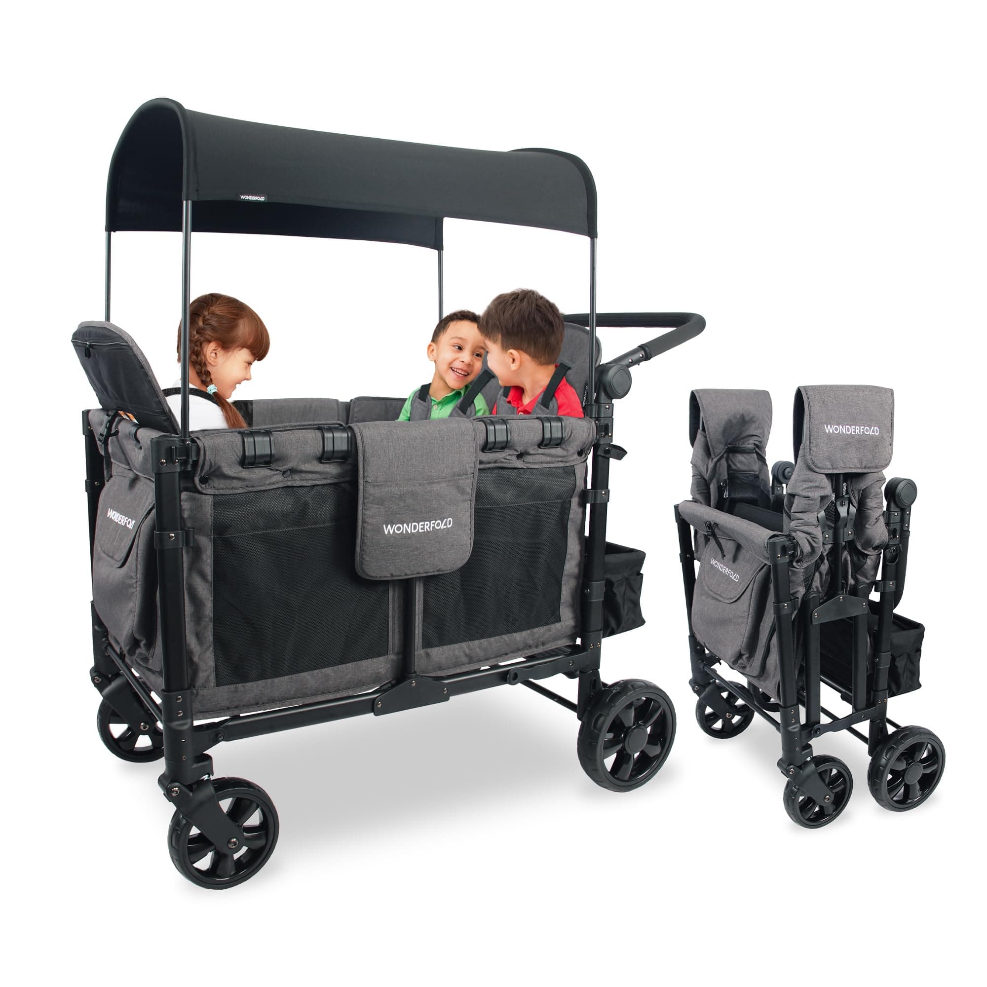W4 Elite Stroller Wagon (4 Seater) - Collapsible Wagon Stroller with Seats with 5-Point Harnesses, Adjustable Push Handle, and Removable UV Sun Canopy, Charcoal Gray