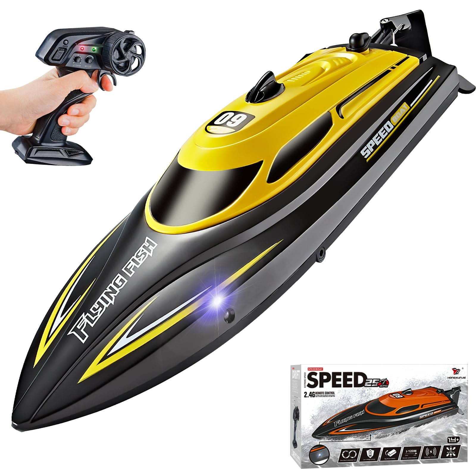 RANFLYRC Boat with 2 Rechargeable Battery, 20+ MPH Fast Remote Control Boat for Pools and Lakes, 2.4G RC Boats Pool Toys for Adults and Kid (812-Yellow)