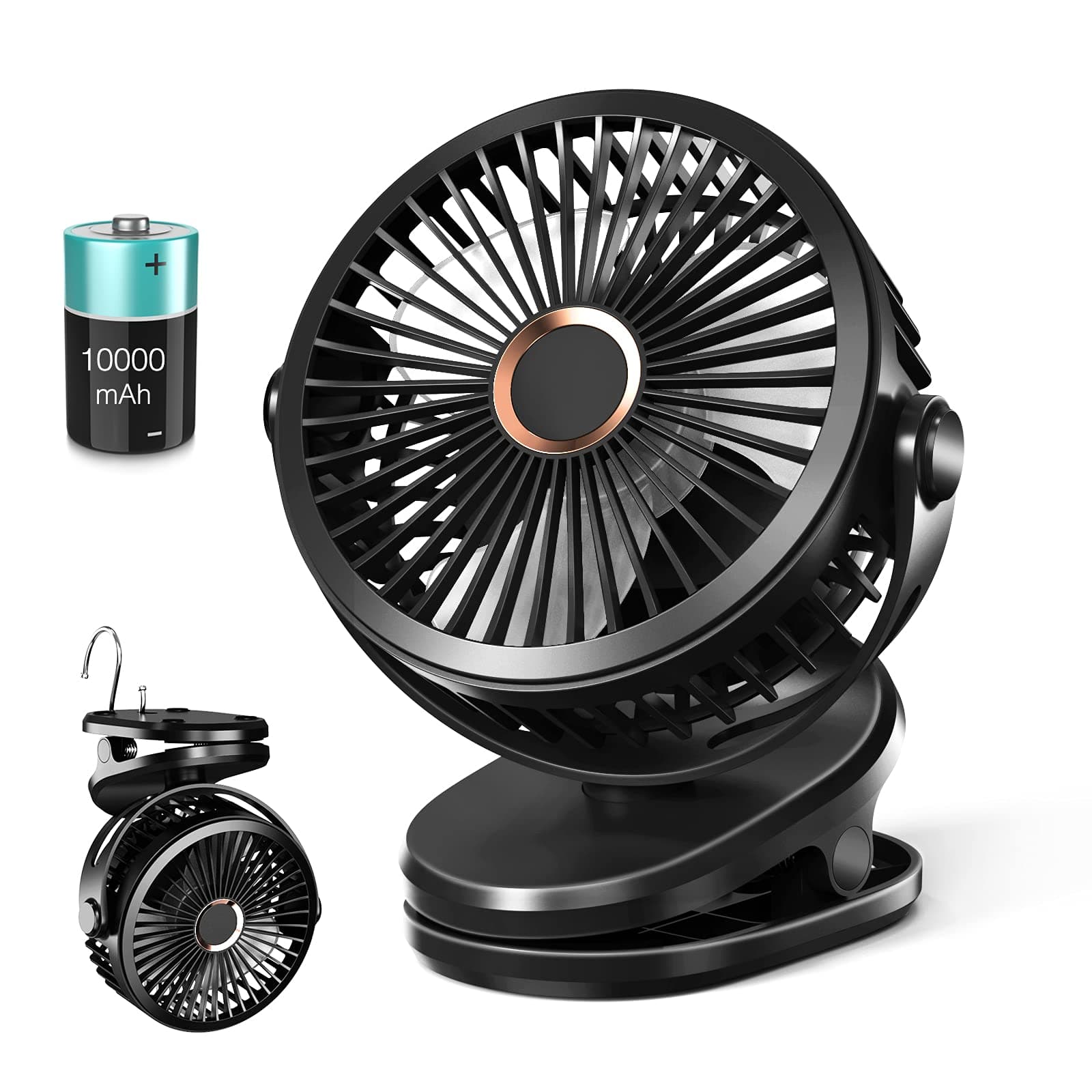 10000 Clip on Fan, Small Desk Stroller Fan Battery Operated with Rechargeable USB & Hook, 3 Speed-4 Mode-6 Inch-360 Rotation Portable Quiet for Baby, Black Ezire