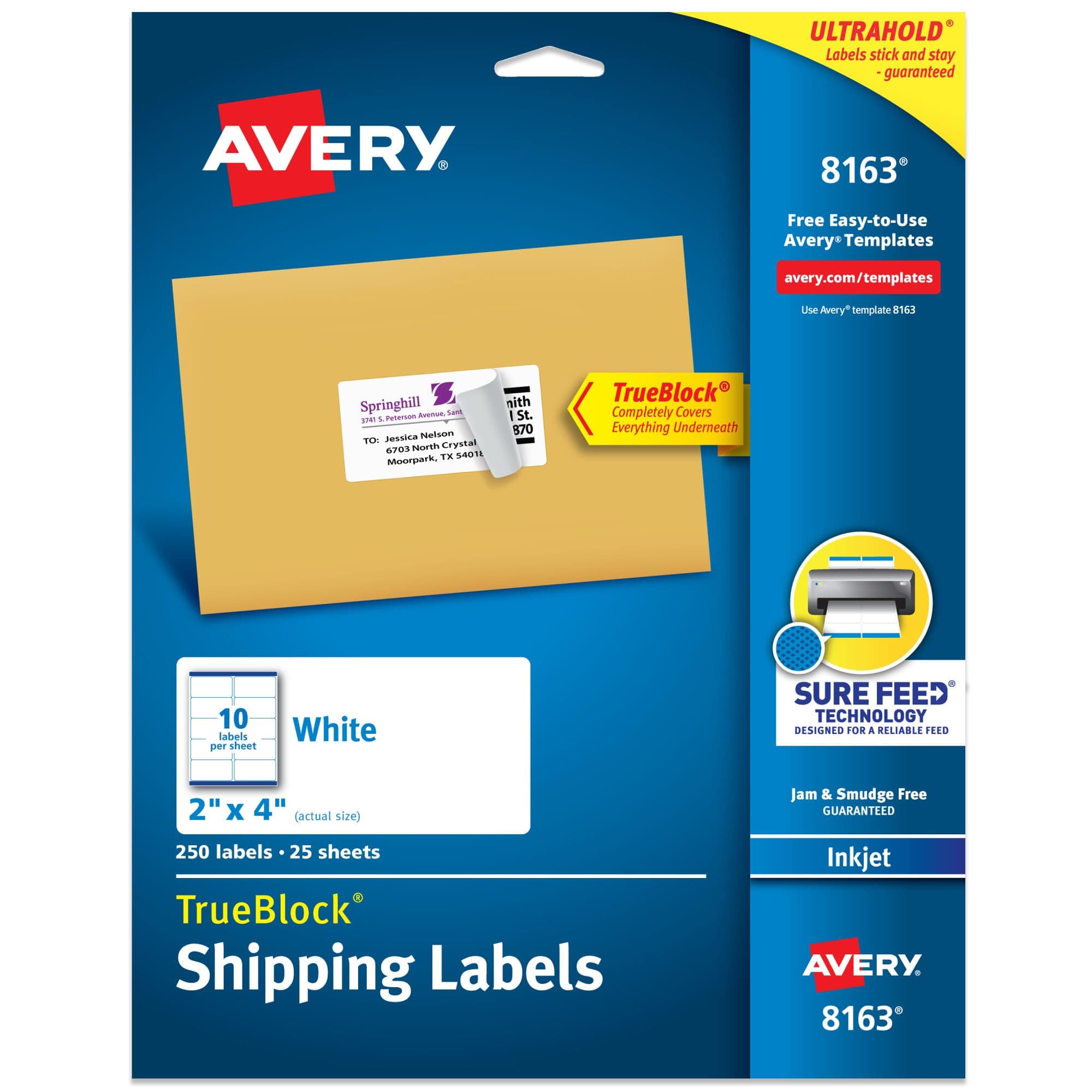 Avery Printable Shipping Labels with Sure Feed, 2" x 4" Customizable Stickers, White, 250 Blank Mailing Labels, Great for Mailing, Shipping, and More (8163)