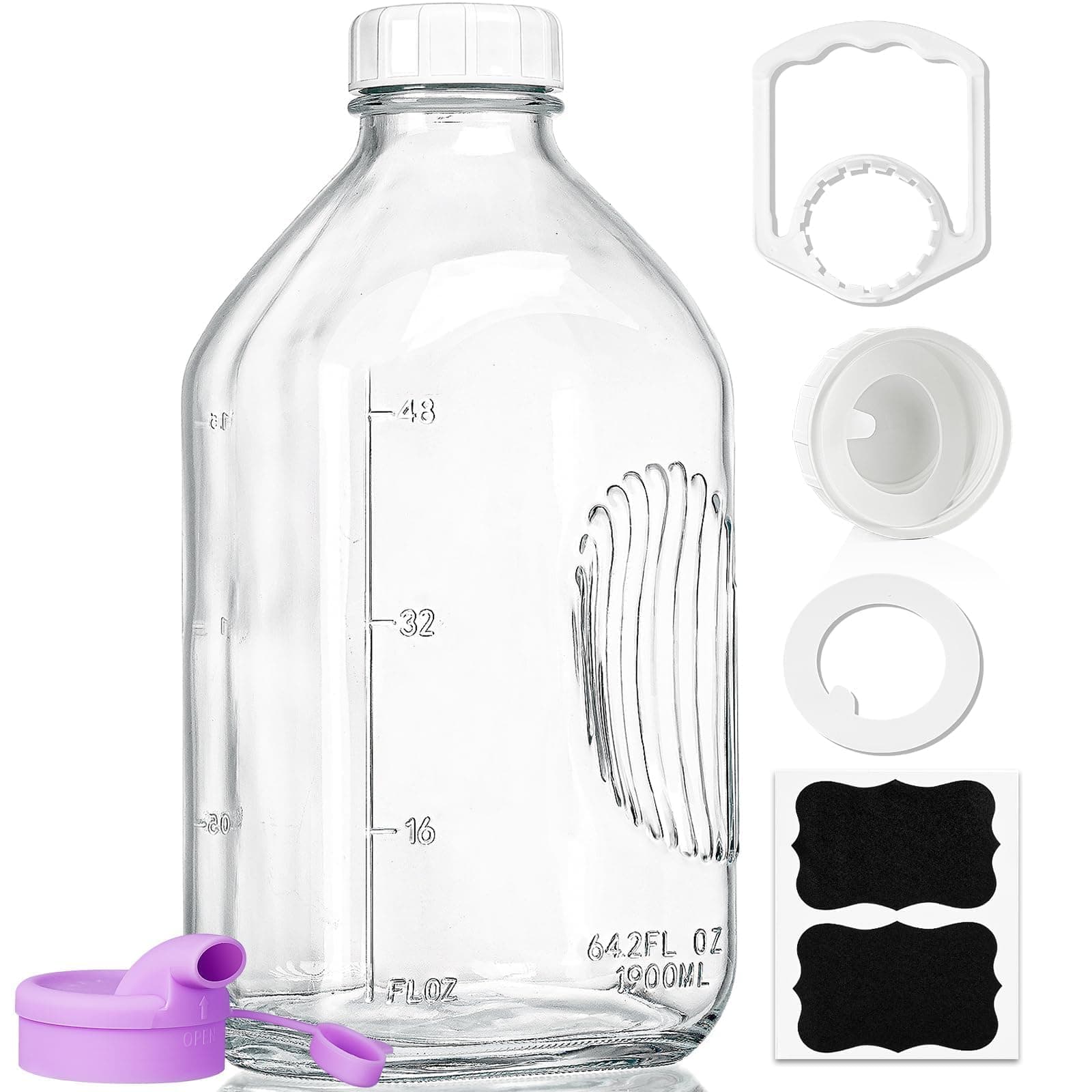 64 Oz Heavy Duty Glass Milk Bottle with Reusable Airtight Strong SCREW LID - 1/2 Gallon Water Bottles with Scale Lines - 2 Qt Glass Milk Jug Pitcher - Extra Gaskets & Handle!