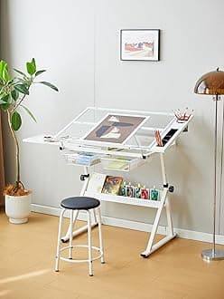 CuisinSmart Drafting Table w/Stool Height Adjustable Multifunctional Art Craft Diamond Paintings Work Station w/2 Storage Drawers Artists Desk Tilting Glass Tabletop for Home Office White