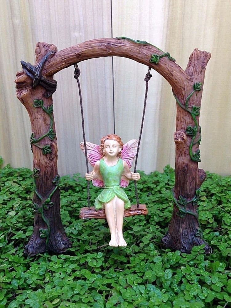Miniature Dollhouse FAIRY GARDEN Tree Arch with Fairy Girl on Swing Pick NEW