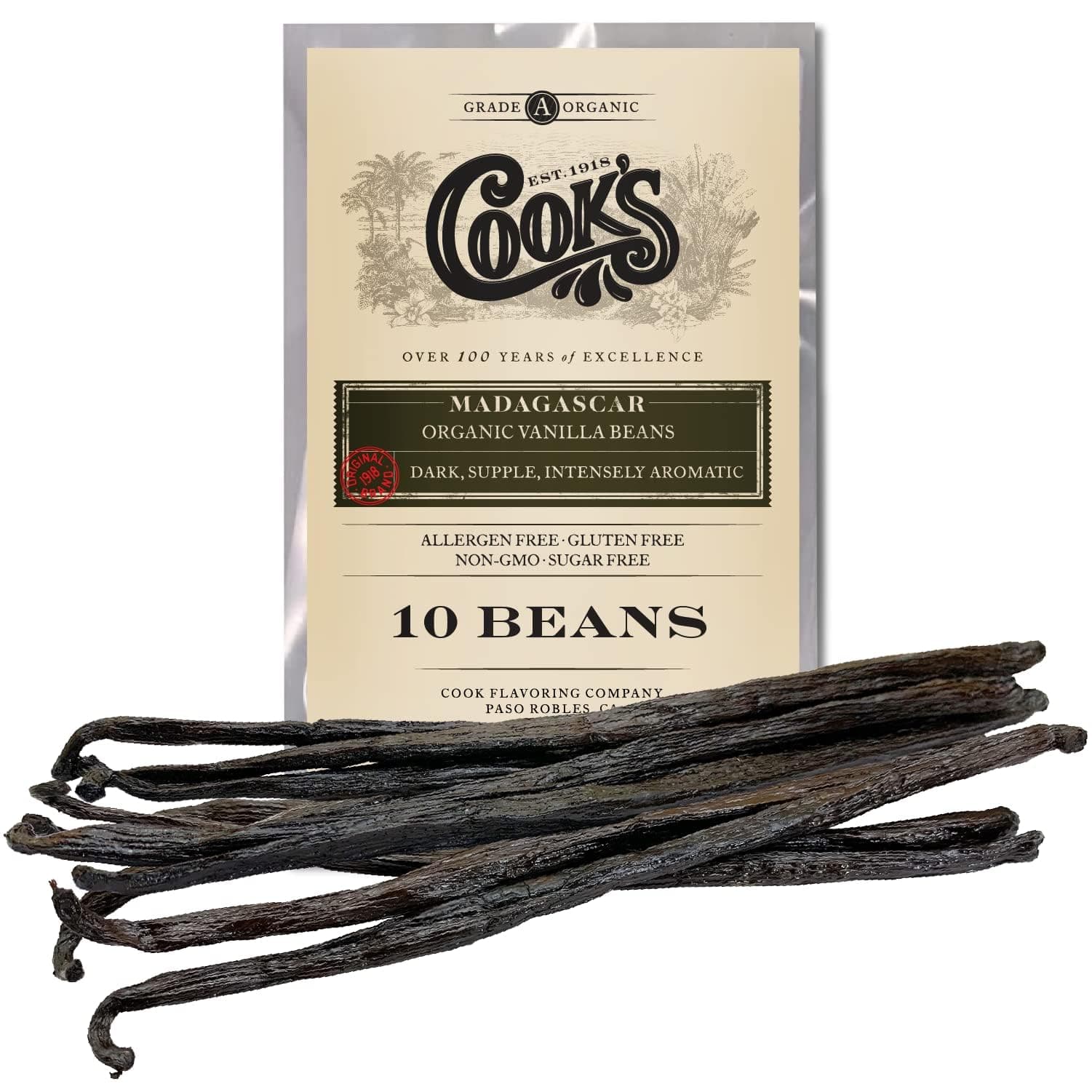 Cook's 10 Organic Madagascar Whole Vanilla Beans, Grade A Vanilla Pods, Premium Vanilla Beans for Making Extract & Baking -