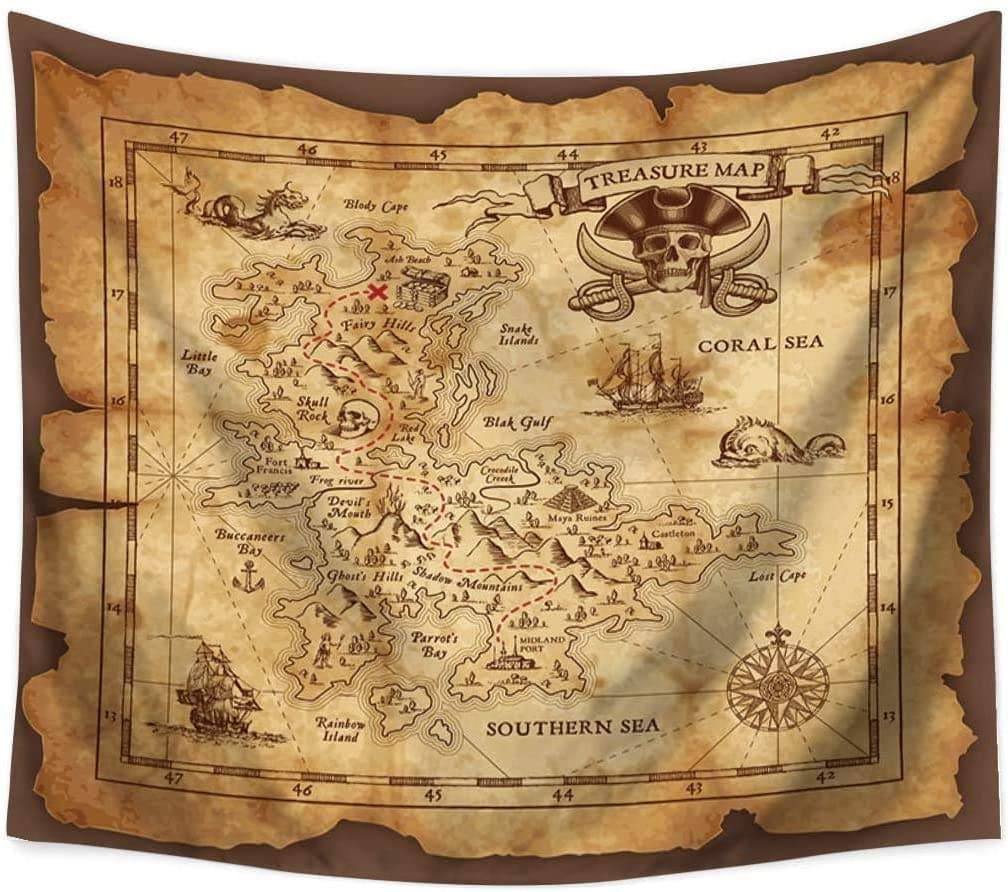 QCWN Treasure Map Tapestry Wall Hanging, Detailed Island Map - Pirates Gold Secret Sea History Theme, Wall Art for Bedroom & Living Room Decor - Beige & Brown, 59x51in