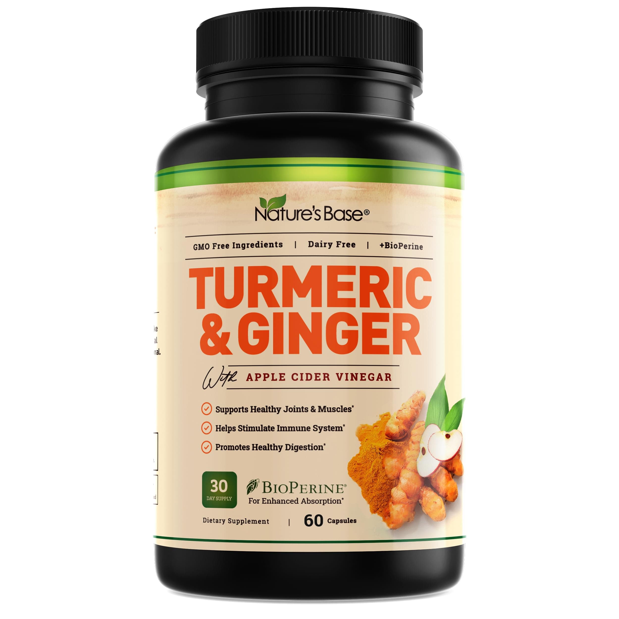 Nature's Base Turmeric and Ginger Supplement - with Curcumin, Apple Cider Vinegar & BioPerine Black Pepper Extract - 95% Curcuminoids - 60 Capsules