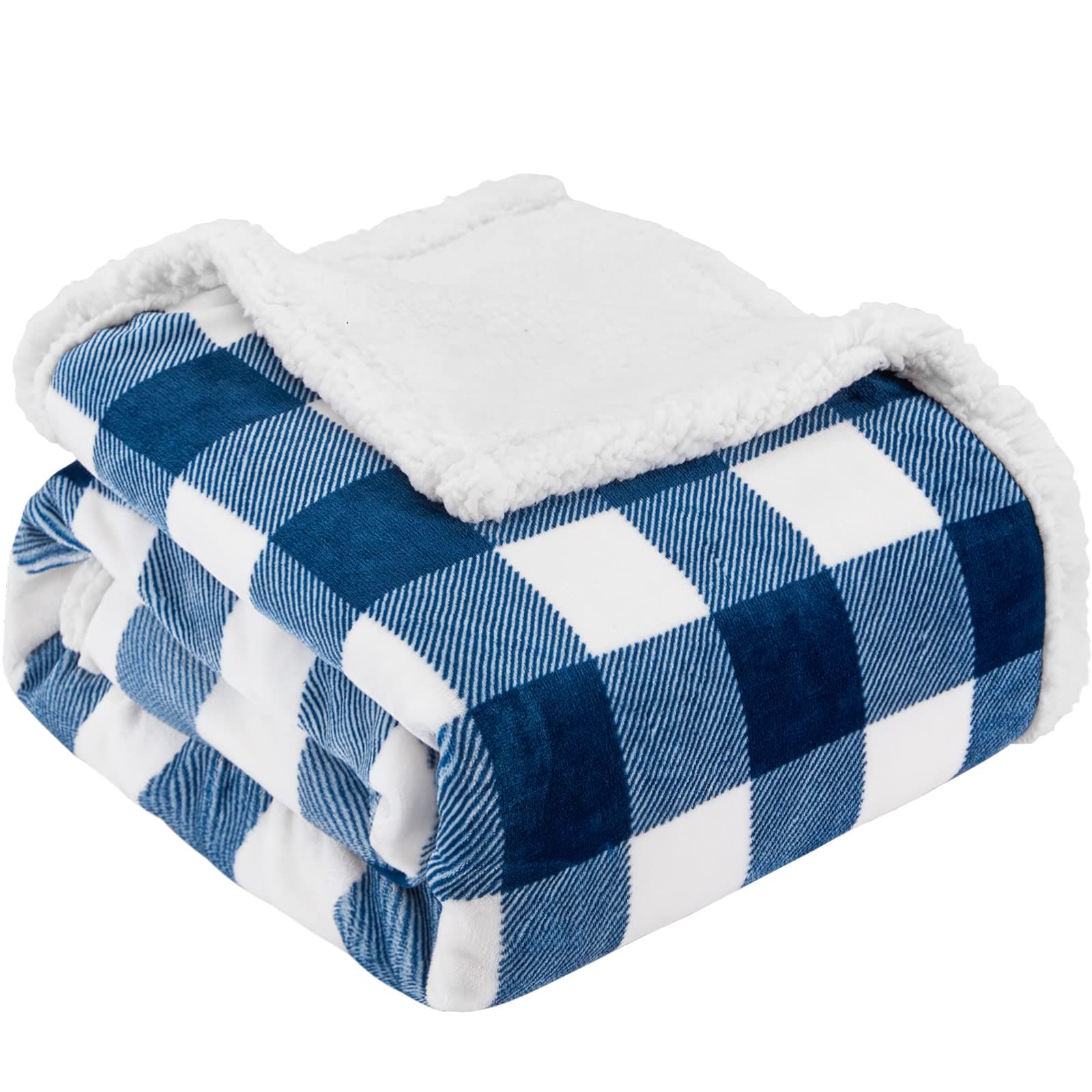 Sherpa Plaid Twin Blanket 60" X 70", Fuzzy Fluffy Soft Cozy Throw Blanket, Twin Size Plush Fleece Flannel Plush Microfiber Blanket for Couch Bed Sofa (Navy)
