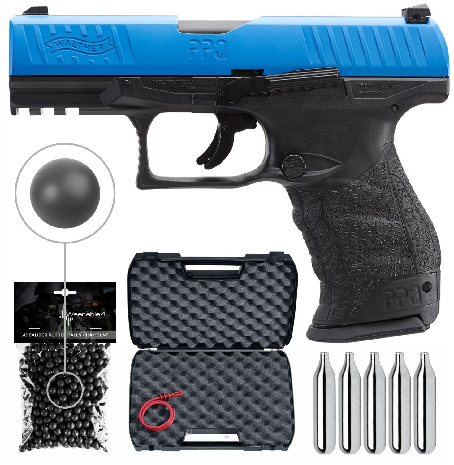 Umarex T4E .43 Cal Walther PPQ Paintball Pistol with 5x12 g CO2 Tanks and Pack of 100x .43 Cal Black Rubber Balls Bundle