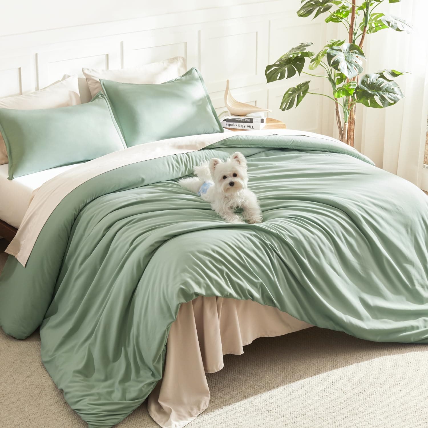 Comforter Set, Lightweight Solid Bedding Comforter Set, Fluffy Down Alternative Bed Set, Sage Green, King
