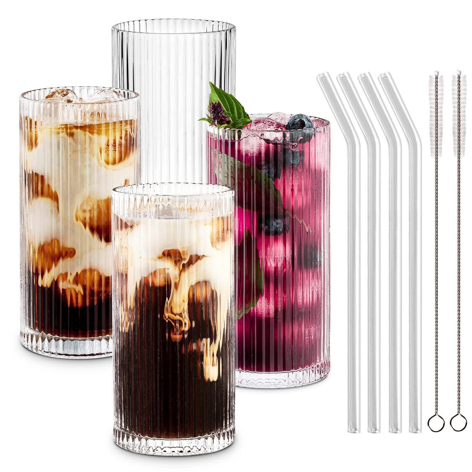 Combler Glass Cups with Straws, Drinking Glasses 12.5oz, Ribbed Glassware Set of 4, Iced Coffee Cup Coffee Bar Accessories Essentials, Glassware Sets for Beer Smoothie Whiskey Cocktail Glasses, Gifts
