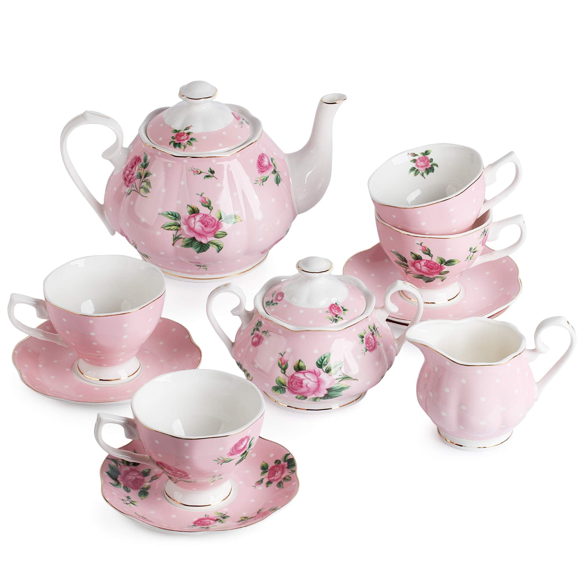BTÃT- Floral Tea Set, Tea Cups (8oz), Tea Pot (38oz), Creamer and Sugar Set, Gift Box, China Tea Set, Tea Sets for Women, Tea Cups and Saucer Set, Tea Set for Adults, 4 Tea Cups Set, Porcelain Tea