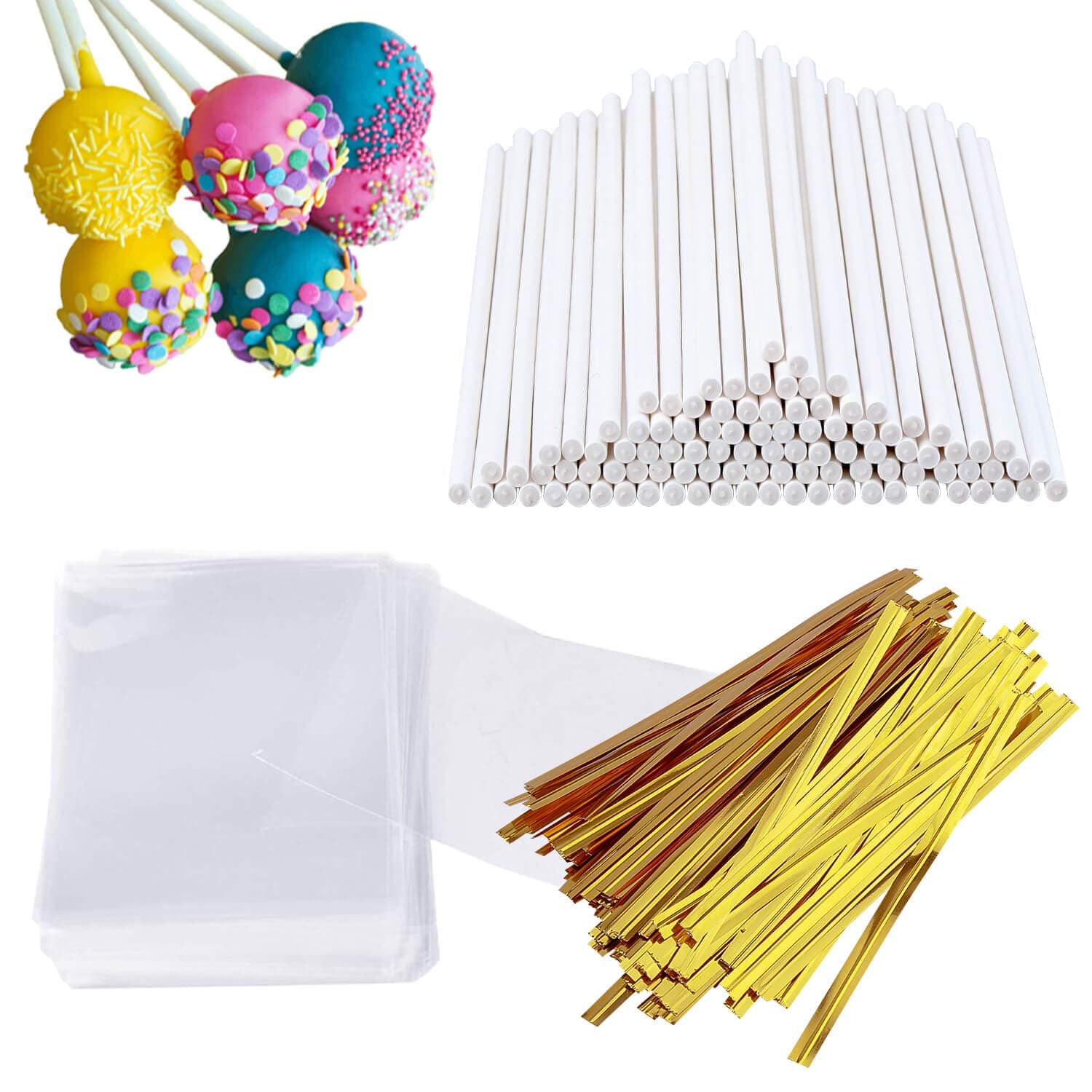 Cake Pop Sticks and Wrappers Kit, Including 100ct 6-inch Paper Lollipop Sticks, 100ct Clear Candy Treat Bags Parcel, 100ct Gold Twist Ties for Cakepop, Lollipop, Hard Candy, Suckers and Chocolate