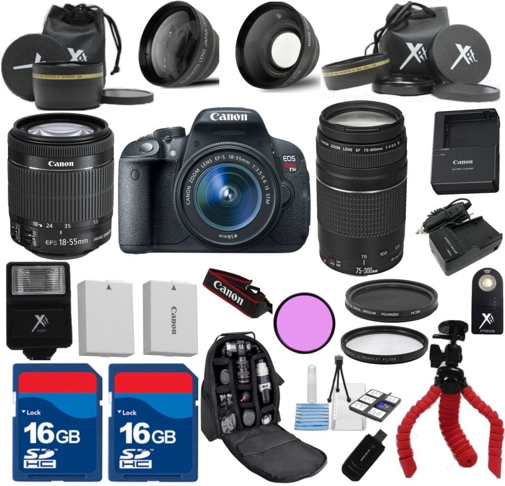 Canon Rebel T5i Camera Body with Canon 18-55mm IS STM Lens Al’s Variety Premium Bundle with Canon 75-300mm III Zoom + Deluxe Backpack + XIT 3Pc Filter Kit + XIT Wide Angle Lens + XIT Telephoto Lens + Spider Flexible Tripod + Extra High Capacity Battery + Extra AC/DC Rapid Charger + 2pcs 16GB Bandwidth Memory Cards + 24pc Accessory Bundle Kit