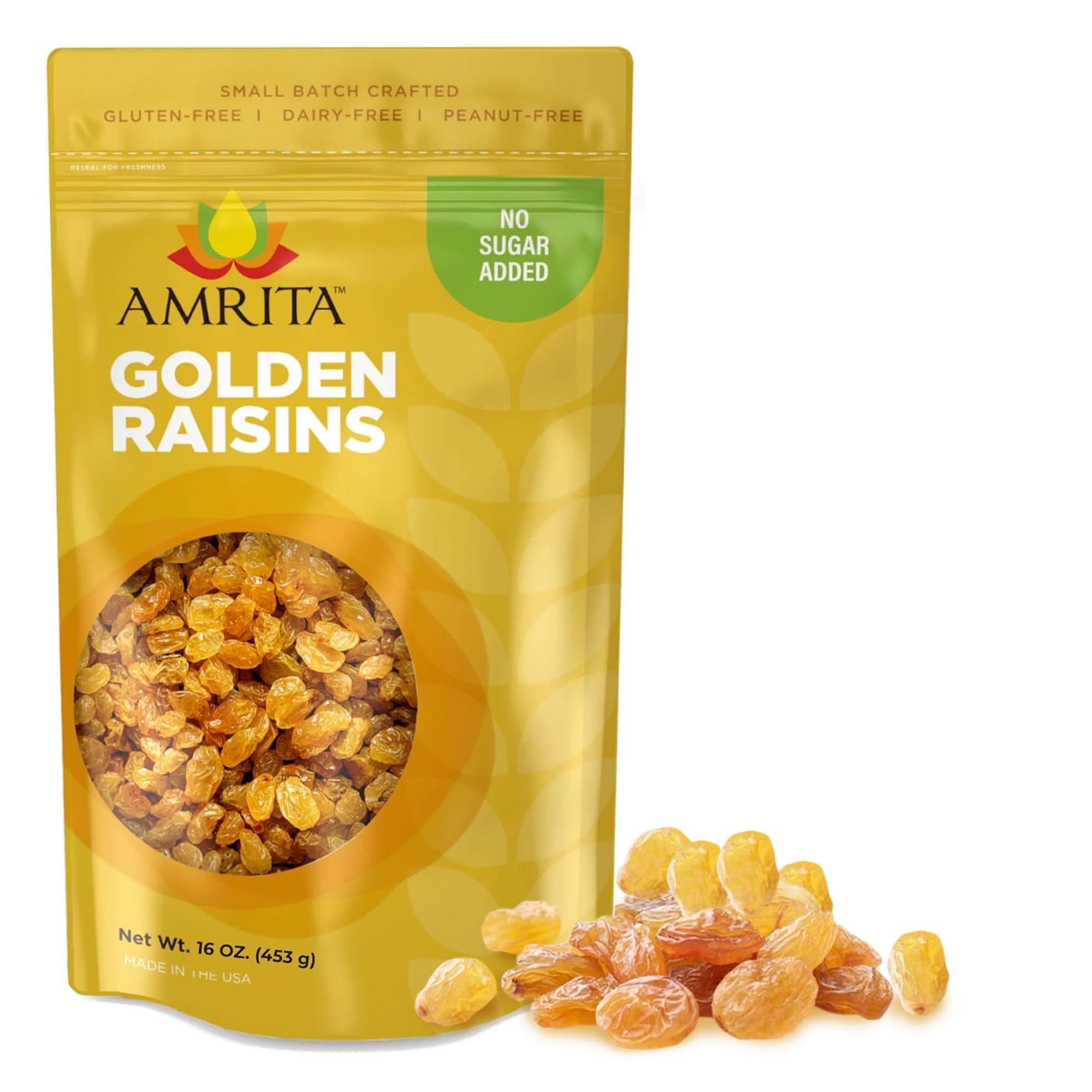Amrita Golden Raisins 1 lb | No Added Sugar, Naturally Sweet, Gluten Free Dried Sultanas, Kishmish | Packed Fresh in Resealable Bags | Yellow and White Raisins, Vegan Snacks, Healthy Snacks