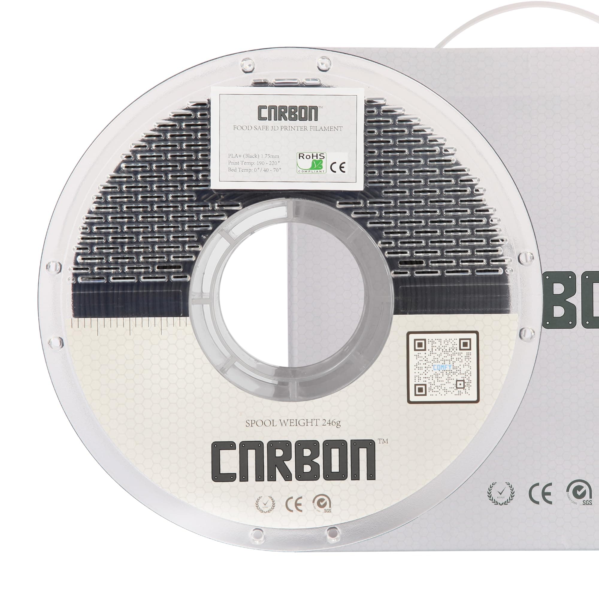 Certified Food Grade PLA+ 3D Printer Filament - CARBON by Comfy Materials - Lab Tested FDA Compliant Food Safe, 1.75mm, 1kg, Accuracy: +/- 0.02 (Black)