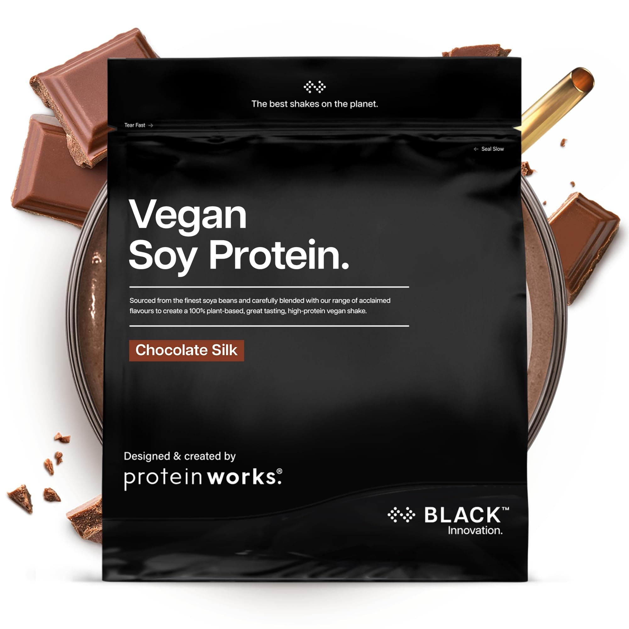 Protein Works | Vegan Soy Protein - Black Innovation, Premium Soy Protein Isolate, Low Fat, No Added Sugar, 27g Protein, 100% Plant-Based Nutrition, Chocolate Silk, 66 Servings, 2kg
