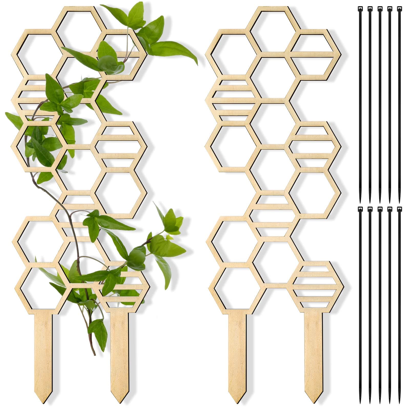 2 Pcs Indoor Plant Trellis for Climbing Plants, 16" Wooden Small Trellis Hexagon Potted Plant Trellis with 10 Pcs Black Cable Ties for Vine Flower Stem Support Accessories(Honeycomb)
