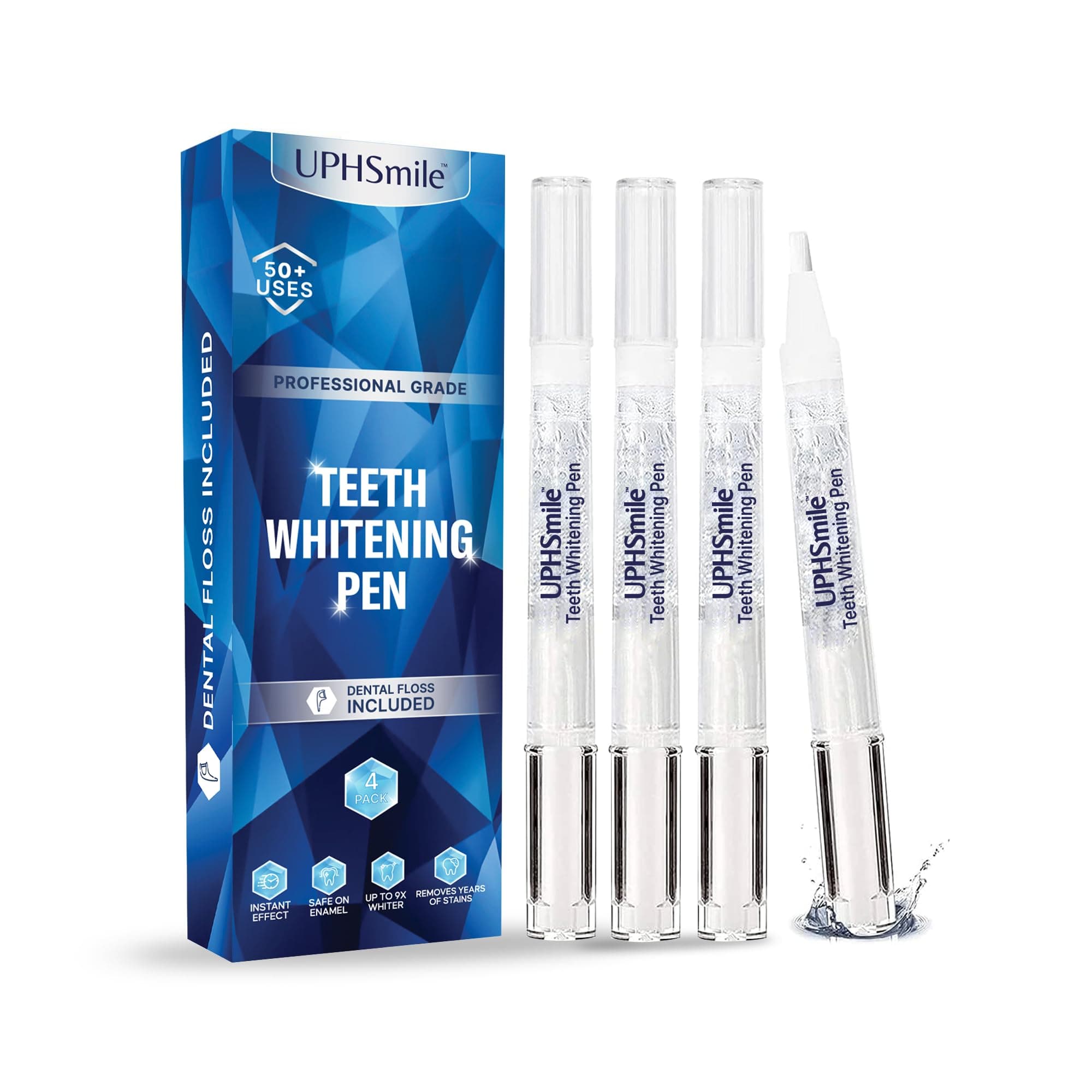 UPHSmileTeeth Whitening Pen (4 Pens) - 50+ Uses, Non-Sensitive - Removes Years of Stains - Safe for Enamel – 100% Natural Formula, Dentist Formulated, Travel-Friendly + Tooth Floss Included