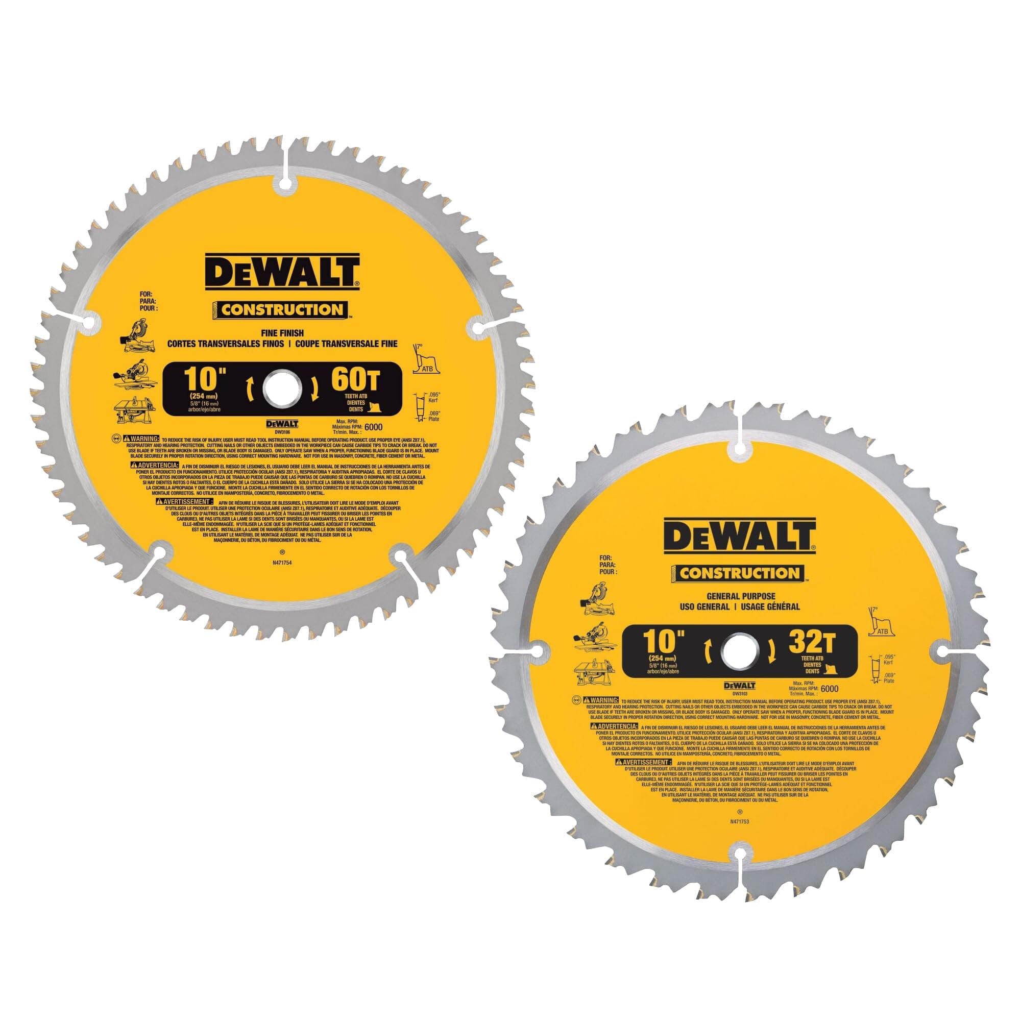 DEWALT 10-Inch Miter/Table Saw Blades, 60-Tooth Crosscutting & 32-Tooth General Purpose, Combo Pack (DW3106P5)