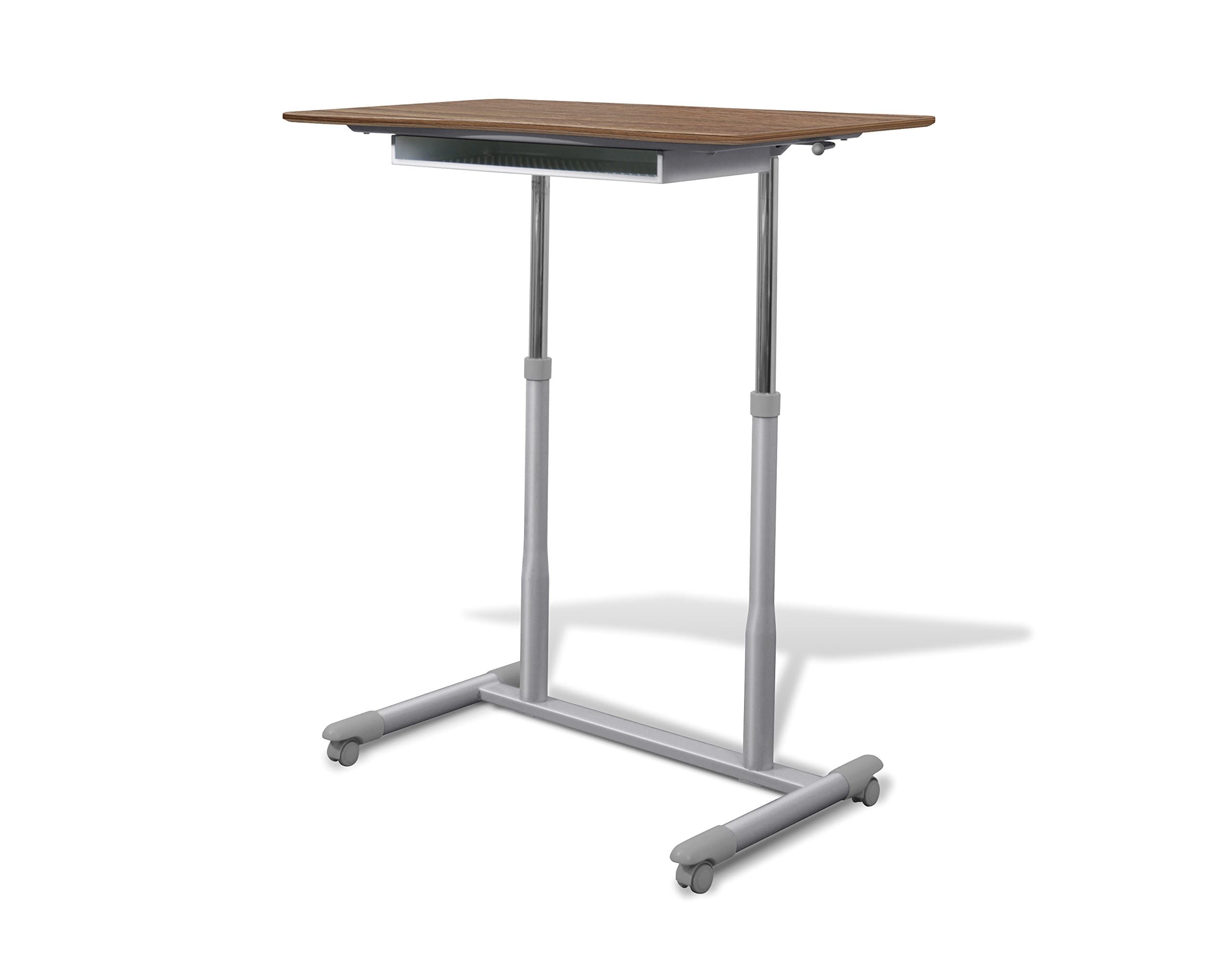Contemporary Height Adjustable Sit Stand Desk with Pneumatic Mechanism, Ergonomic Curved Desktop, Locking Castors for Easy Mobility, Wire Storage Tray for Office, 37.5 x 20.5 in. Top, Walnut