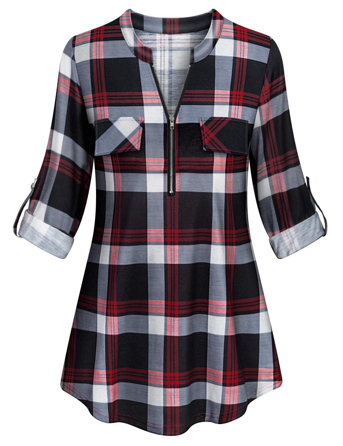 Womens Casual Long Sleeve Zipped V Neck Plaid Tunic Blouses