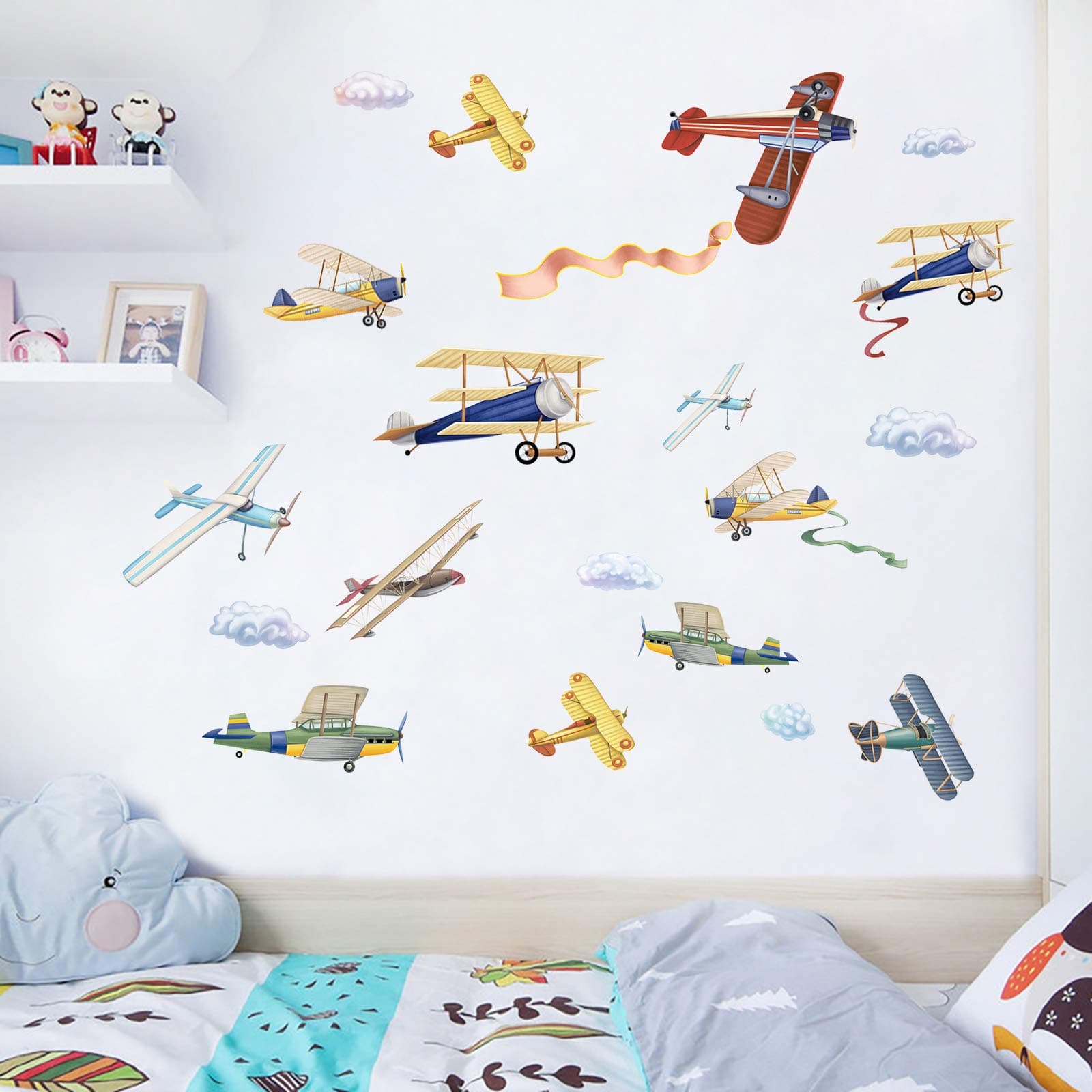 Watercolor Airplane Wall Decals, Removable Wall Stickers for Nursery Playroom Kids Bedroom Decoration, Aircrafts Theme Boys Bedroom Wall Decoration (Airplane, 9.818inch4pcs)