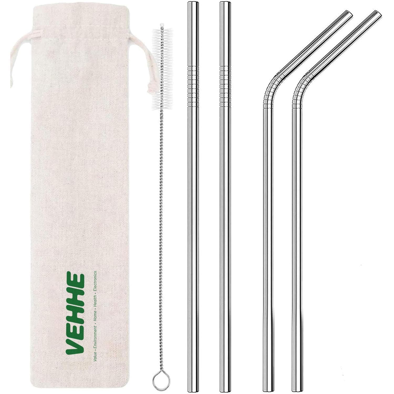 VEHHE Metal Straws Stainless Steel Straws Drinking Straws Reusable - 10.5" Ultra Long 4 + 1 - W/Cleaning Brush for 20/30 Oz for Yeti RTIC SIC Ozark Trail Tumblers (2 Straight|2 Bent|1 Brush)