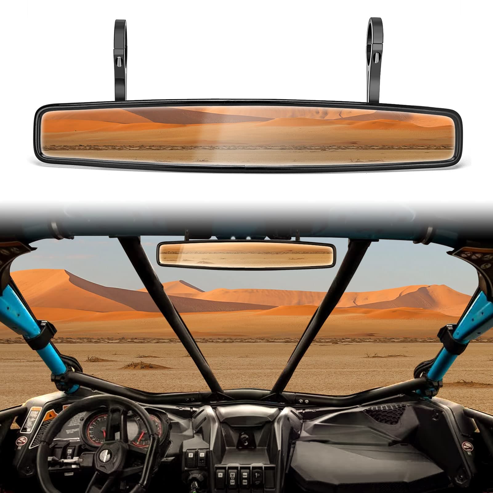 WeiSen 15" Wide Center Rear View Shatter Proof Mirror with 1.875"/ 2" Adjustable Clamps for Horizon Round Roll Cage Mount Compatible with 2017-2023 Can-Am Maverick X3 Trail Sport