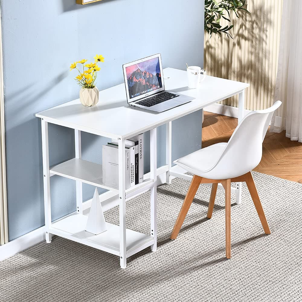 Homsailing EU Wooden Computer Desk with 2 Tiers Open Storage Shelves Home Office Desk PC Laptop Table Gaming Study Desk Workstation kid White