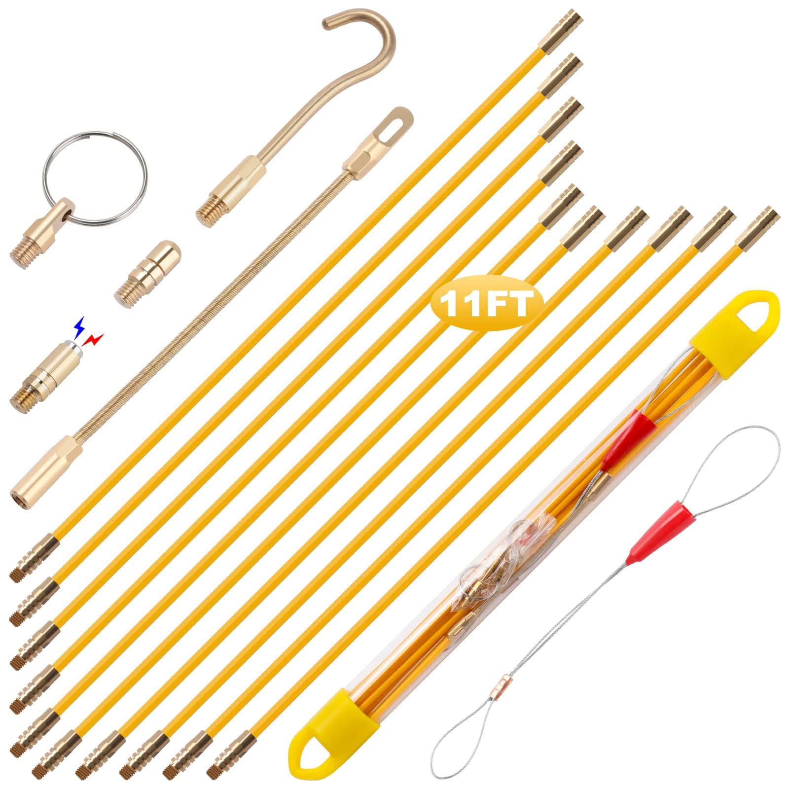 - 11' Fiberglass Running Electrical Wire Cable Pulling Fish Tape Kit with 5 Different Attachments and Fish Tape Tool in a Carrying Case