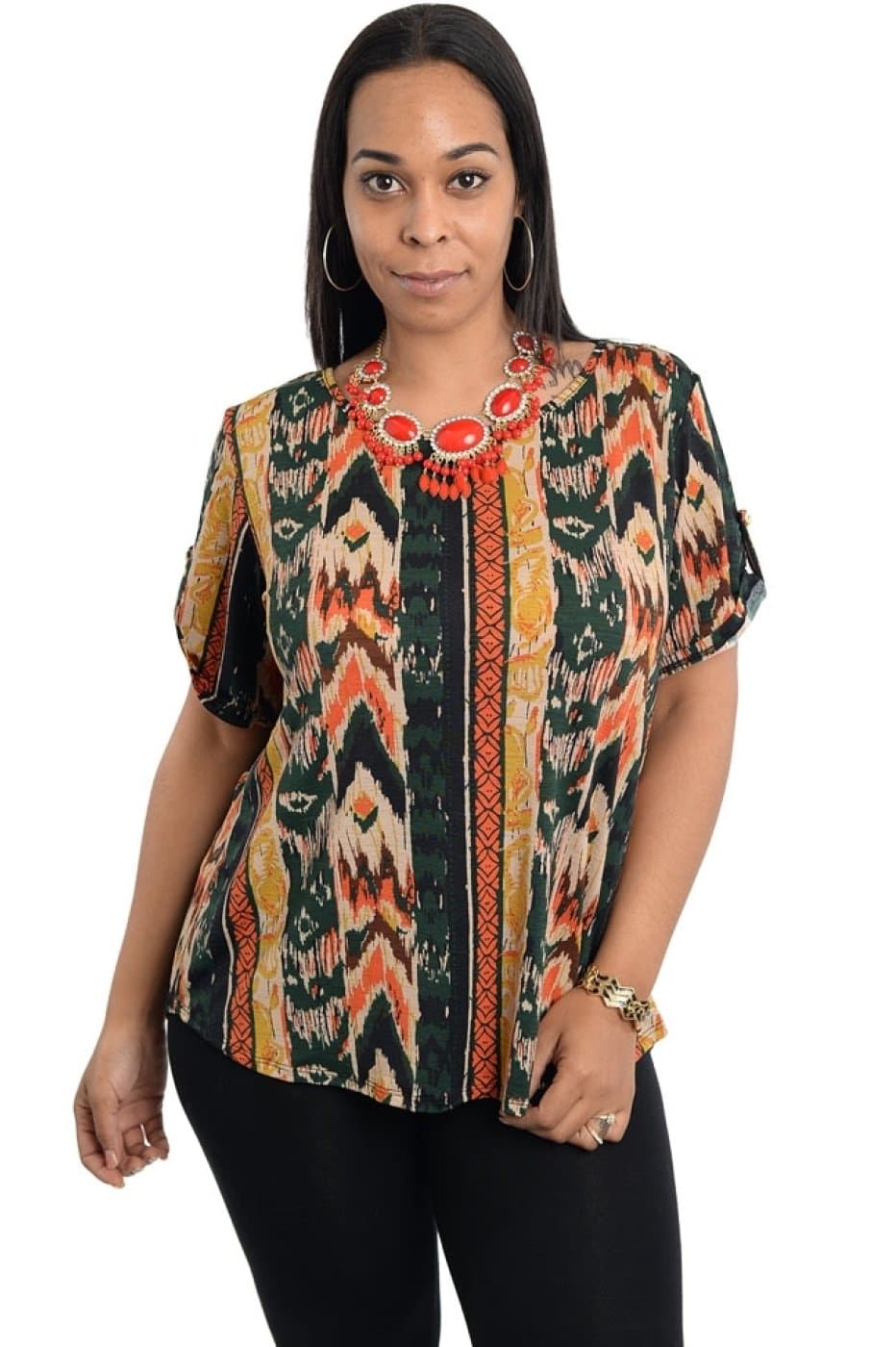 2LUV Plus Women's Short Sleeve Tribal Print Hi-Low Top