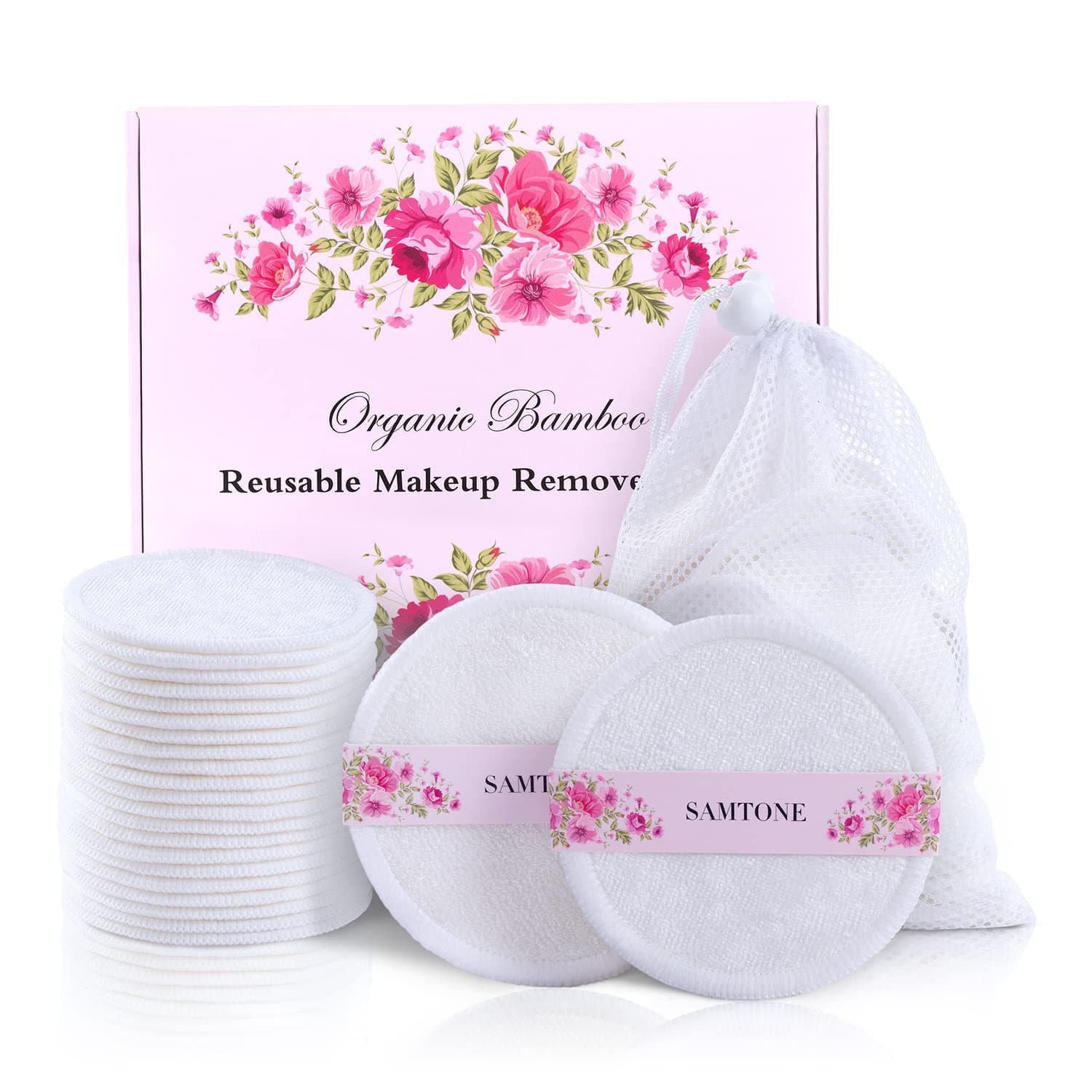 Samtone Reusable Makeup Remover Pads 20 Pack with Laundry Bag and Gift Box – 100% Organic Face Cleansing Reusable Cotton Rounds for Toner, Washable Eco-Friendly Bamboo Cotton Pads for All Skin White