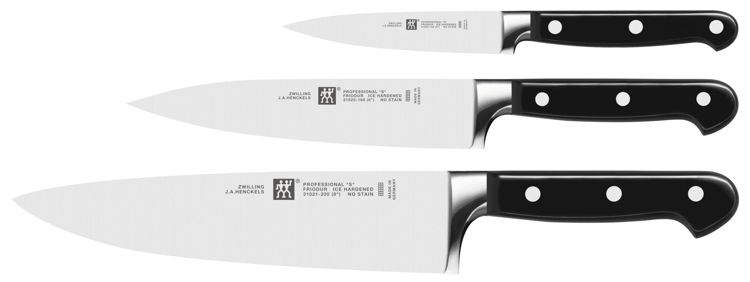 Zwilling Professional S Knife set 3pcs. Ice hardened stainless steel blade. Ergonomic handle. Robust and rust resistant. 1 chef's knife 1 slicing knife 1 paring knife. Made in Germany