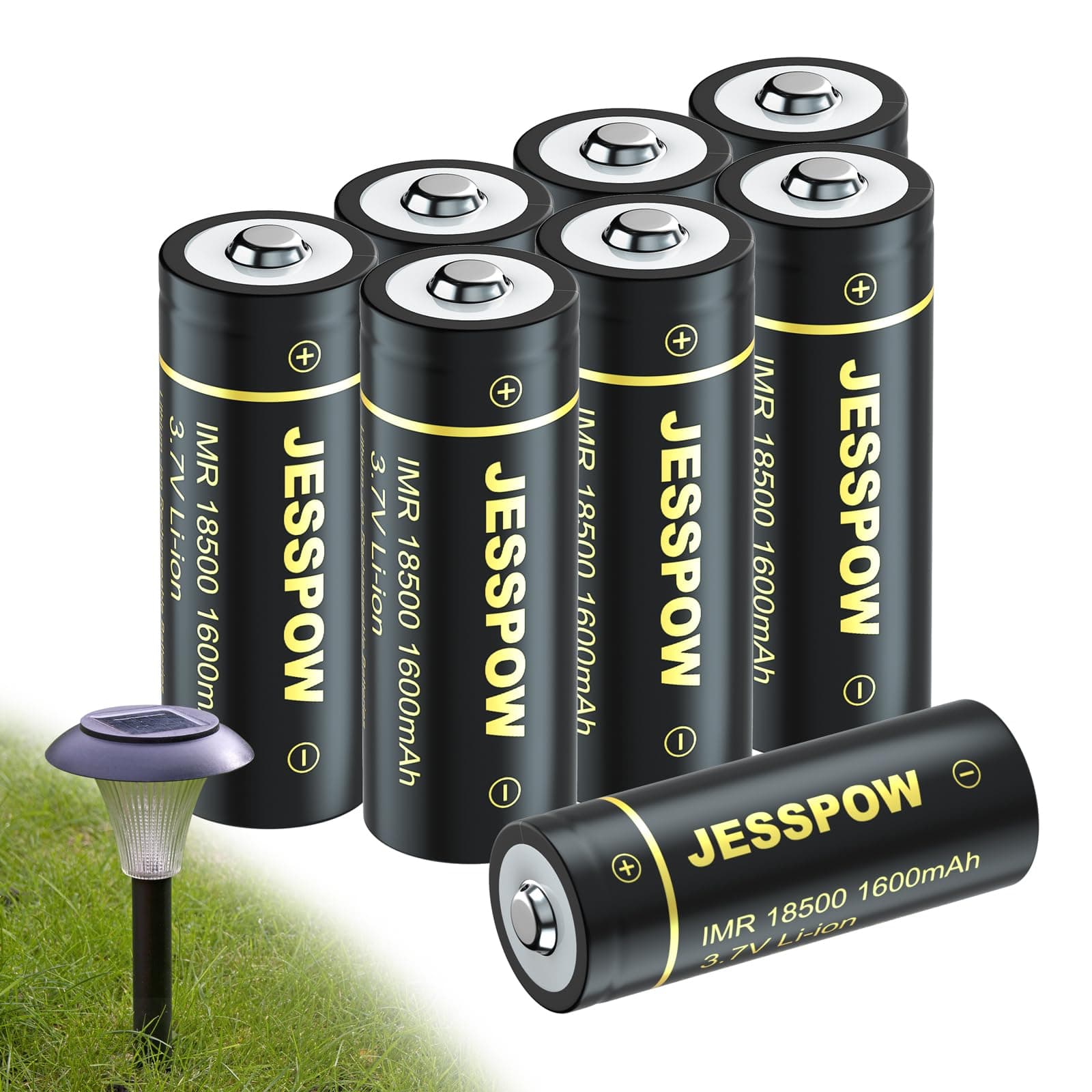 JESSPOW 18500 Battery, IMR 18500 Rechargeable Li-ion Battery 1600mAh 3.7V for Flashlight, Solar Garden Light and More, 18500 Rechargeable Solar Batteries with Button Top (8 Pack)