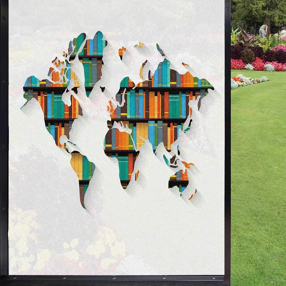 World Frosted Window Film Window Film Privacy,World Library Theme Simplistic Map Books Knowledge Reading Travel Illustration Heat Blocking Window Film for Home Glass Door Kitchen,Multicolor 24" x 36"