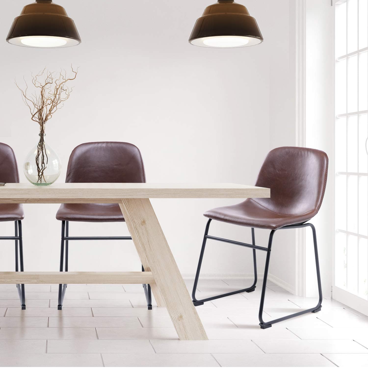 5Rcom Centiar Leather Dining Chairs Set of 2 Mid Century Modern Style Rustic Dining Chairs with Black Metal Base Vintage Faux Leather Seat,Antique Brown for Dining Room Living Room Kitchen Pub Coffee