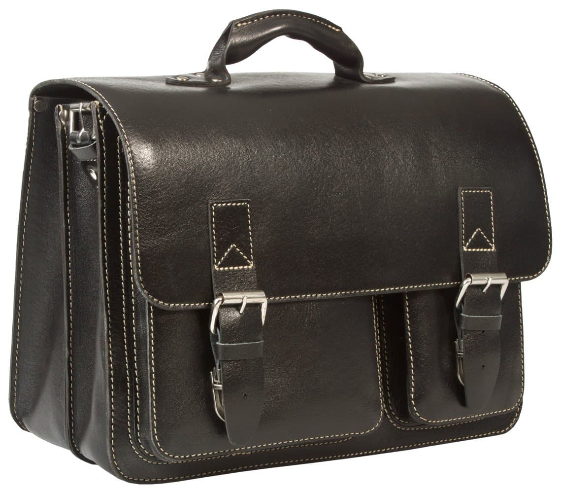 HIDEONLINE Rugged Thick Saddle Black Leather Satchel Briefcase/Laptop Bag