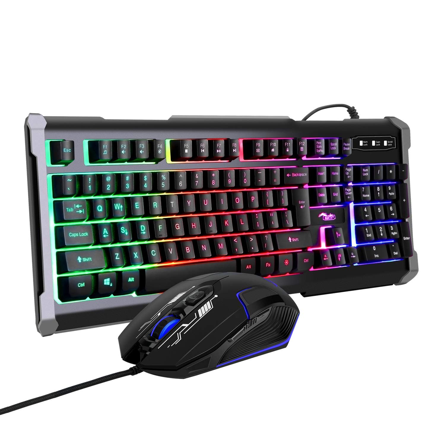 BAKTH Gaming Keyboard and Mouse Set, Rainbow LED Lighting QWERTY US Layout, Waterproof Illuminated Keyboard and Mouse with 4000 DPI for Pro PC Gamer