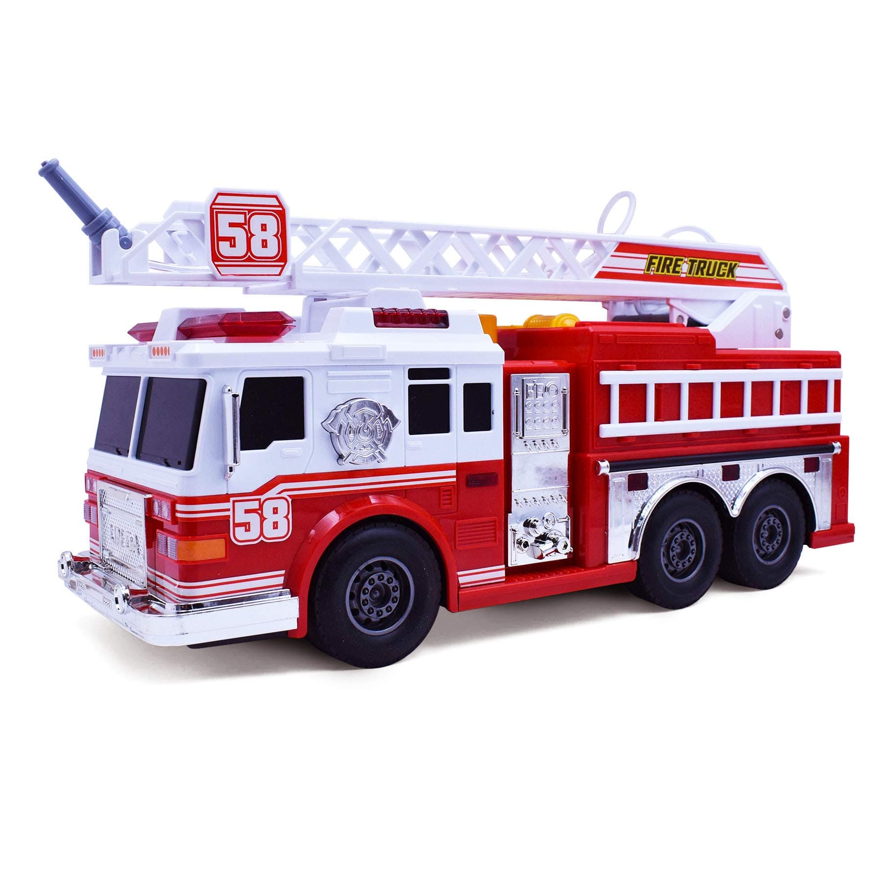 Fire Truck Motorized with Lights, Siren Sound, Working Water Pump and Rotating Rescue Ladder- Electric, Motorized, Big Fun Size 15", Realistic Design- for Toddlers, Kids Aged 3+ Years Old